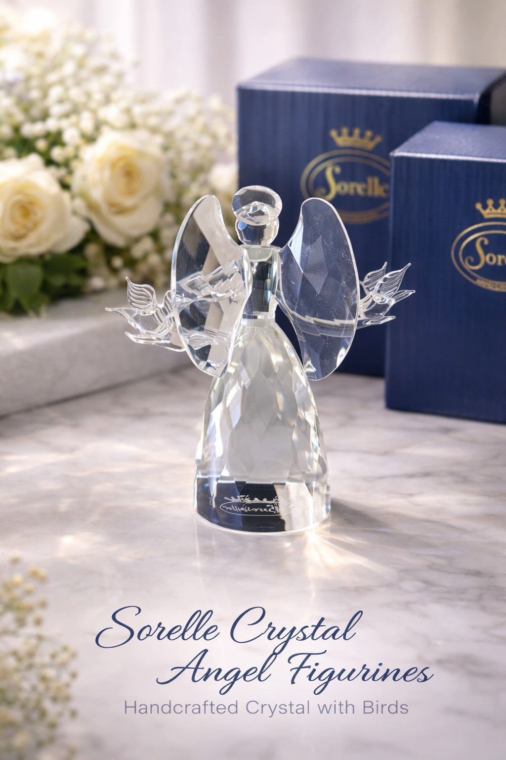 Sorelle Crystal Angel Figurine with Birds – Handcrafted Clear Crystal – Boxed