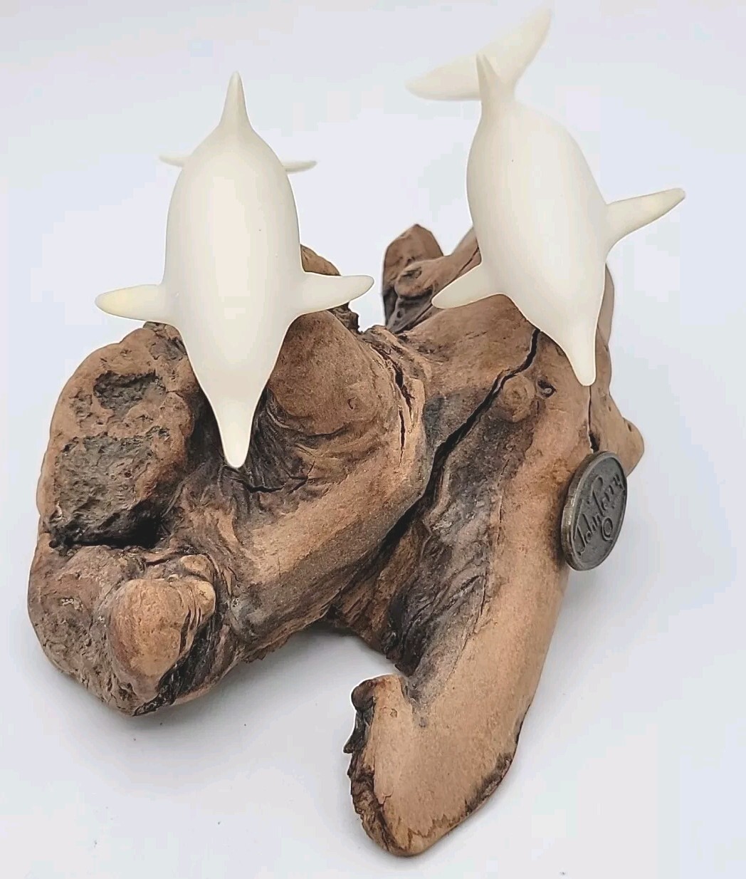 John Perry 2 White Dolphin Figurines On Burl Driftwood Sculpture Signed