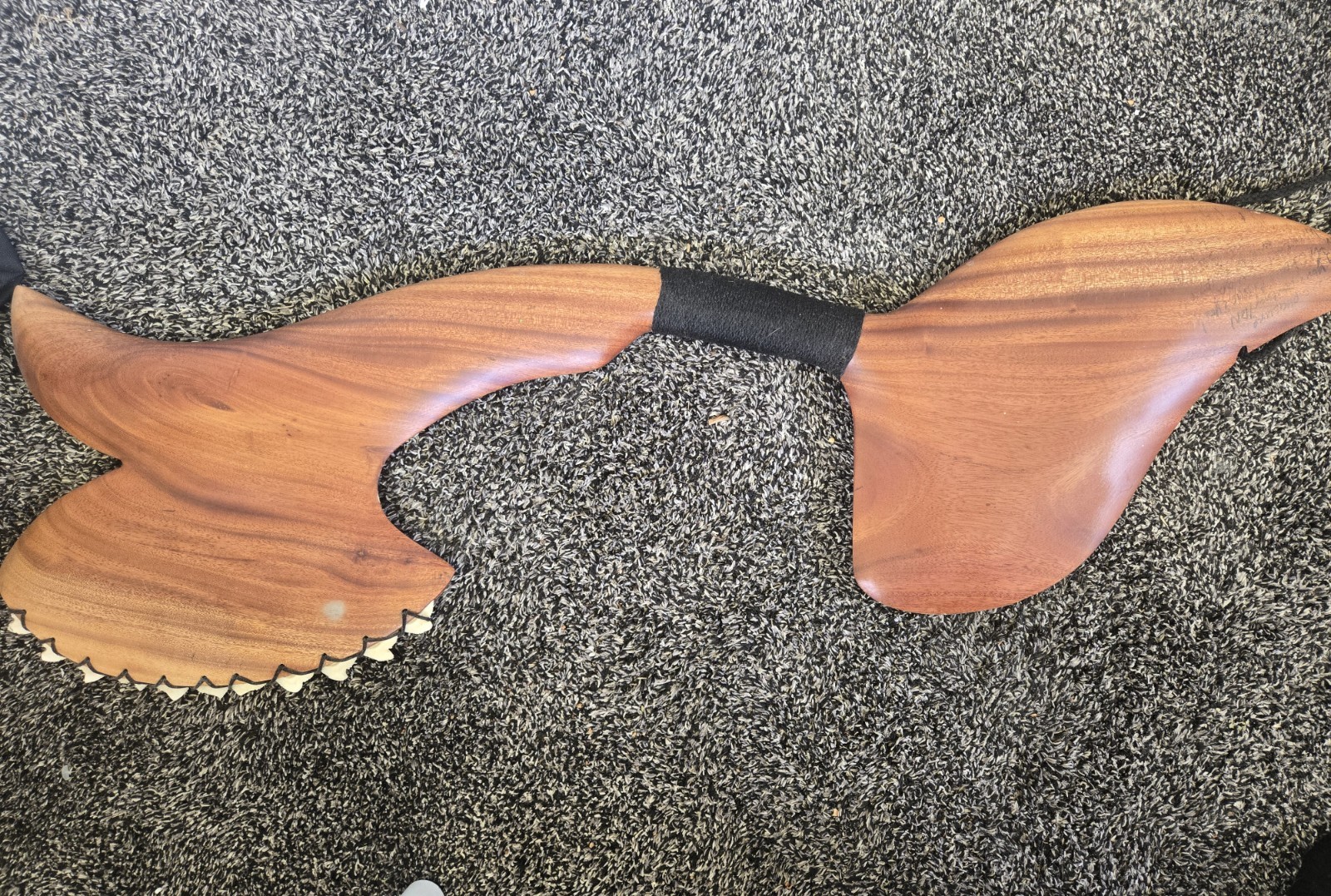 Whale Tail Wood Sculpture, Natural Finish, Black Wrapped Handle, Wood Grain