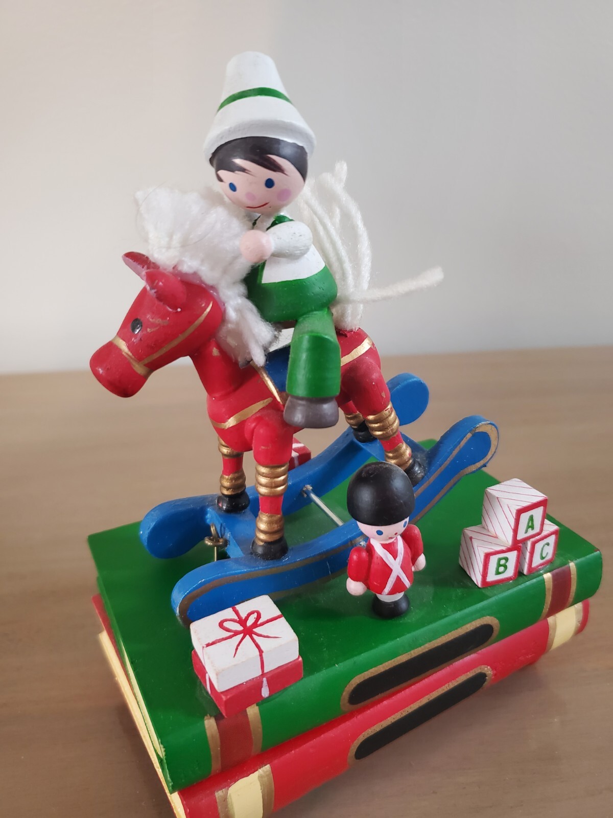 Wooden Motion Rocking Horse Figurine Music Box Plays School Days With Boy