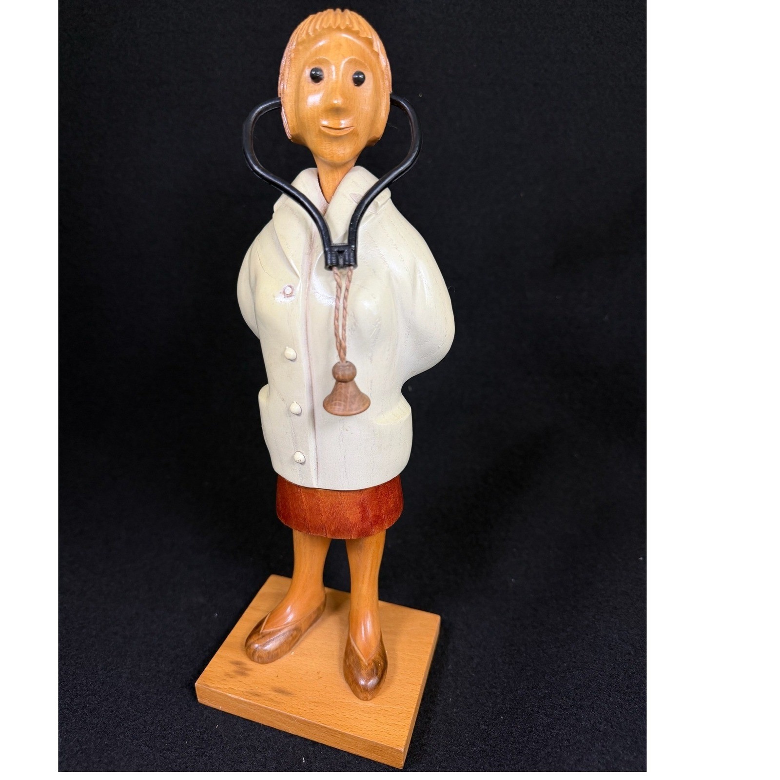 Vintage Italian Hand Carved Wood Doctor Nurse Figurine Medical Folk Art Italy