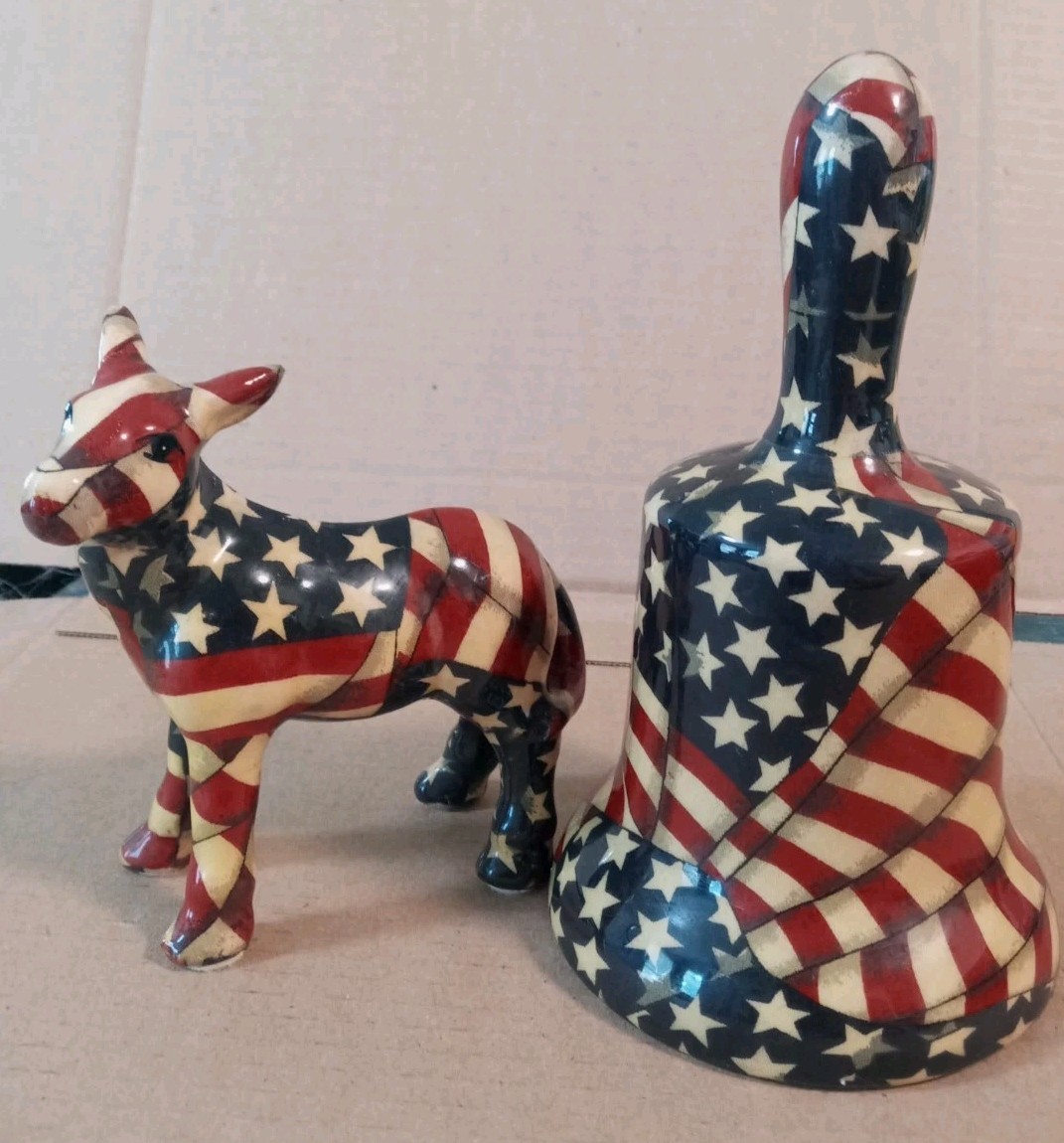 La Vie Vintage Patriotic Patchwork American Flag Figurines Donkey And Bell