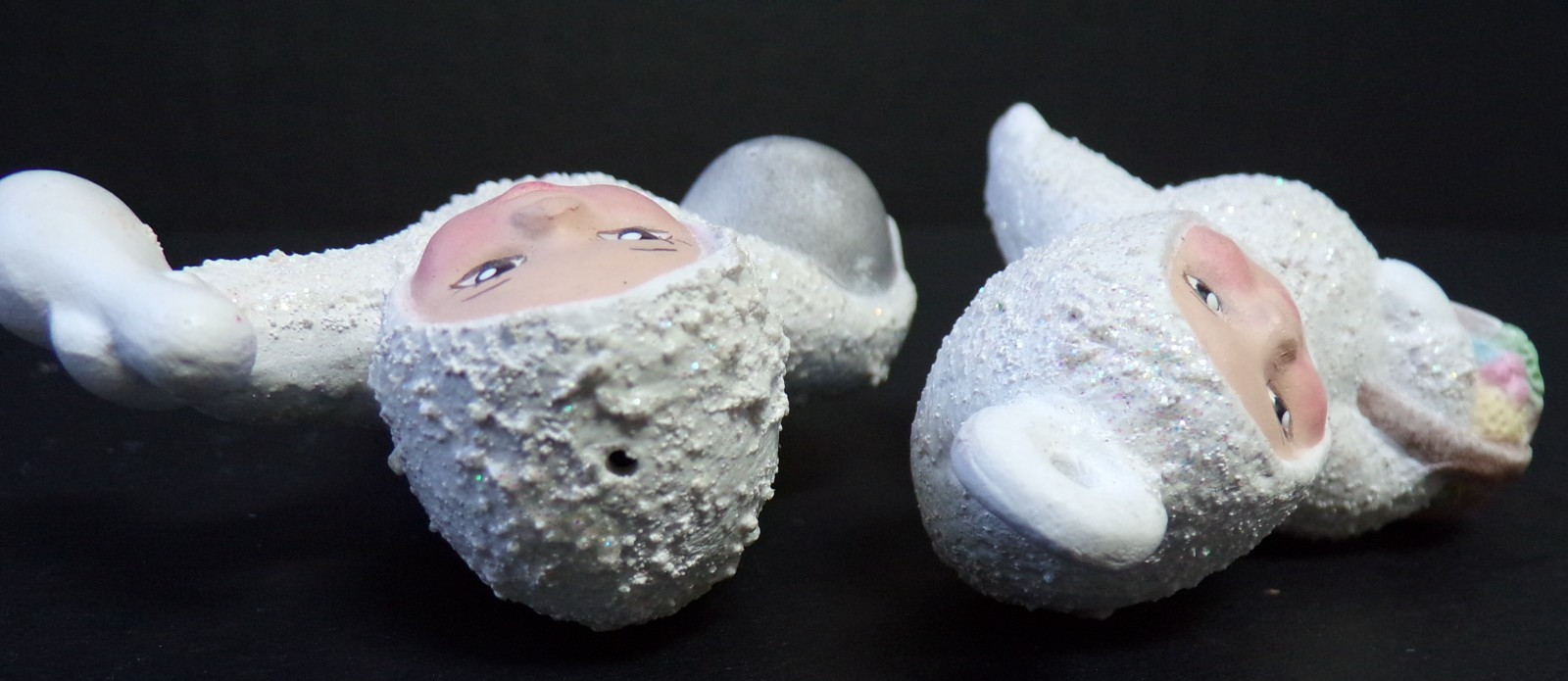 2 WHITE CERAMIC 2005 FIGURINES ONE WITH BOWLING BALL & PIN + ONE WITH A BASKET