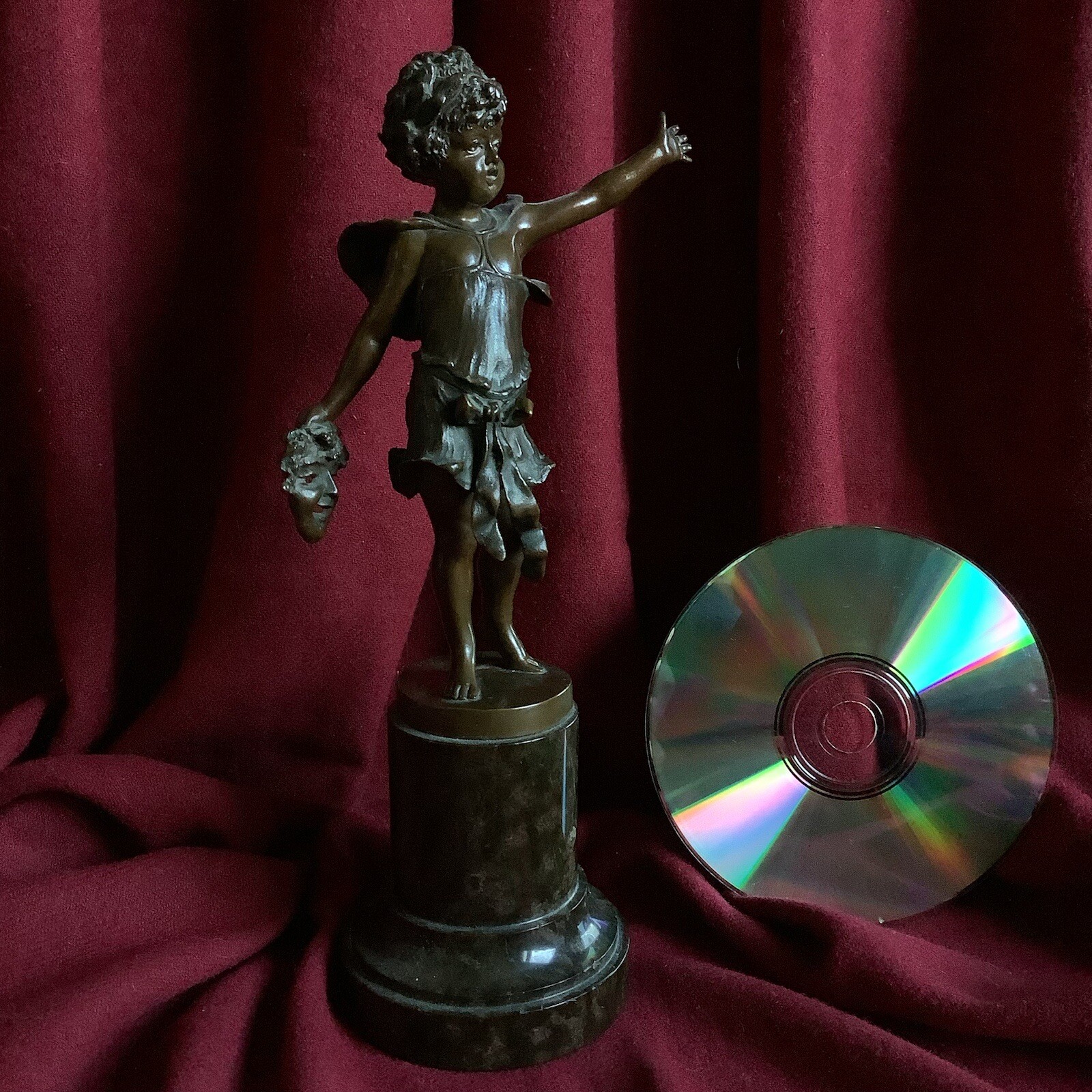 Antique Bronze Girl Statue Theater Allegory Actress Mask Baroque Artist Signed
