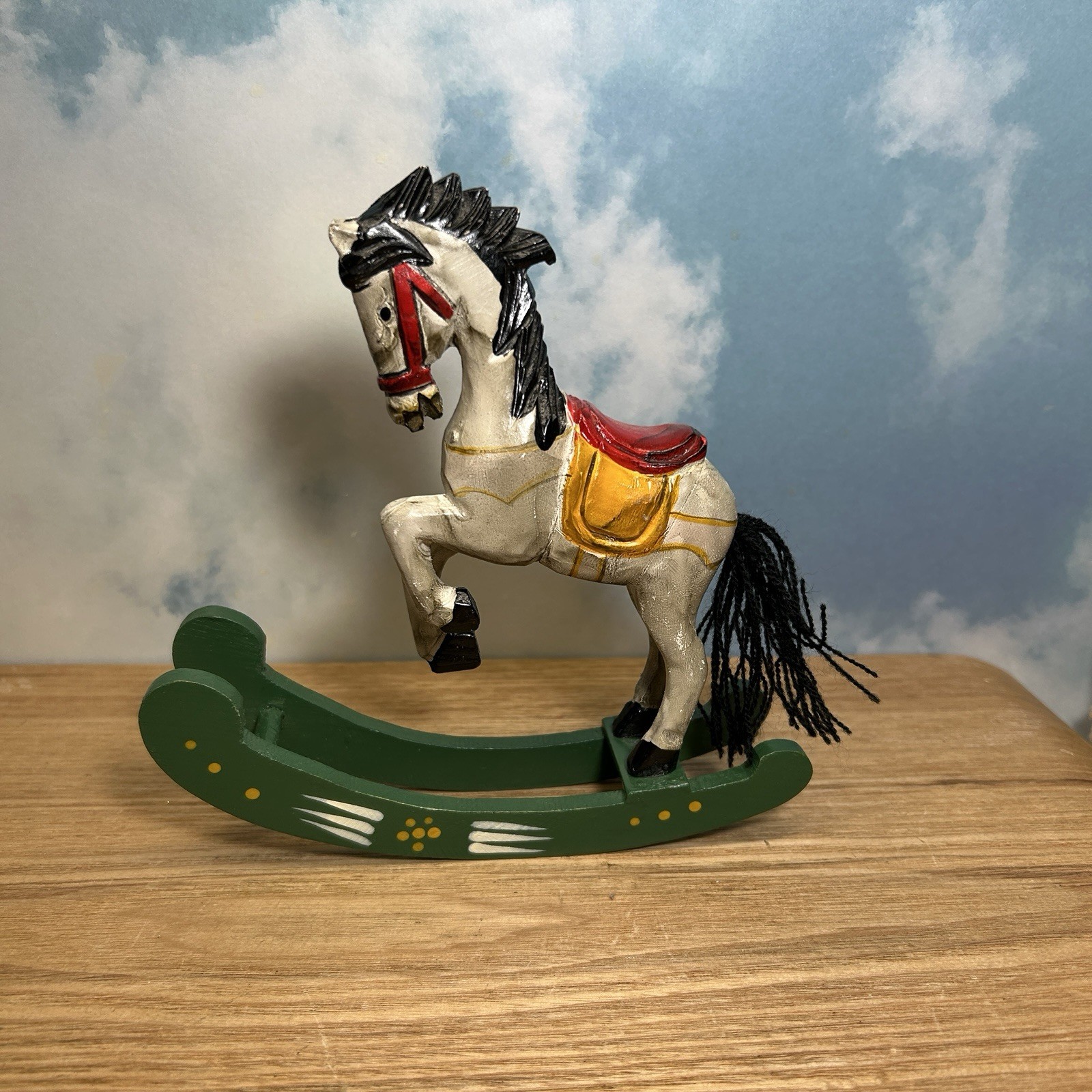Small Hand Carved Hand Painted Wooden Rocking Horse Approx 6″By 6″