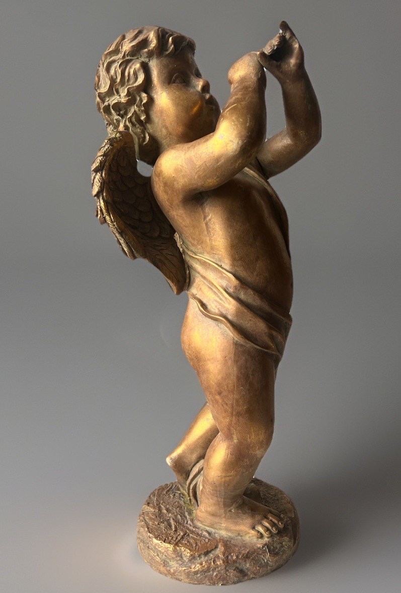 Vintage Gilded Cherub Figurine Angel statue Decor Gold Tone 19”Tall