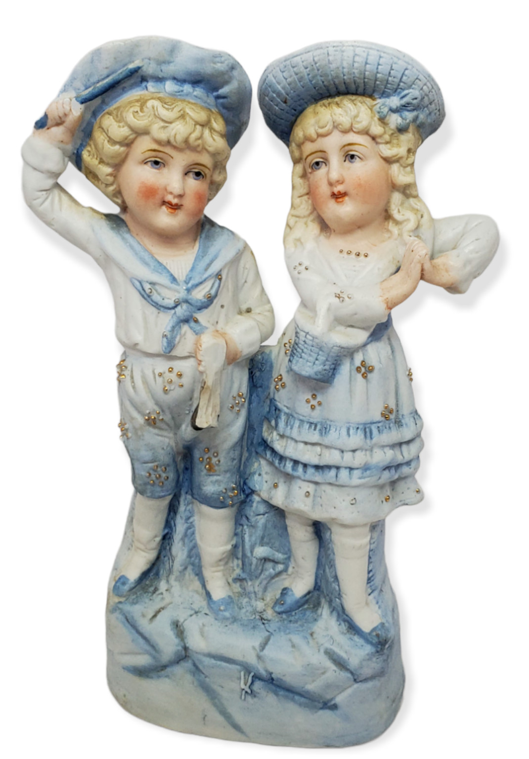 Vintage German Bisque Victorian Boy & Girl Children in Blue Figurine – As Is