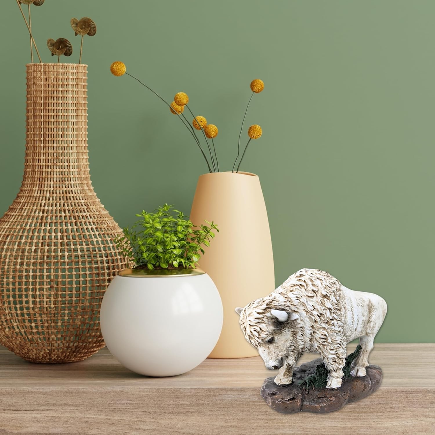 Small White Bison Figurine – Lifelike Resin Buffalo Décor for Home or Office