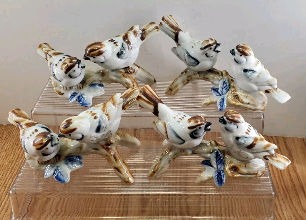 Set Of 4 Vintage Ardco Blue Brown Porcelain Birds On a Branch Japan 5″×2¾”