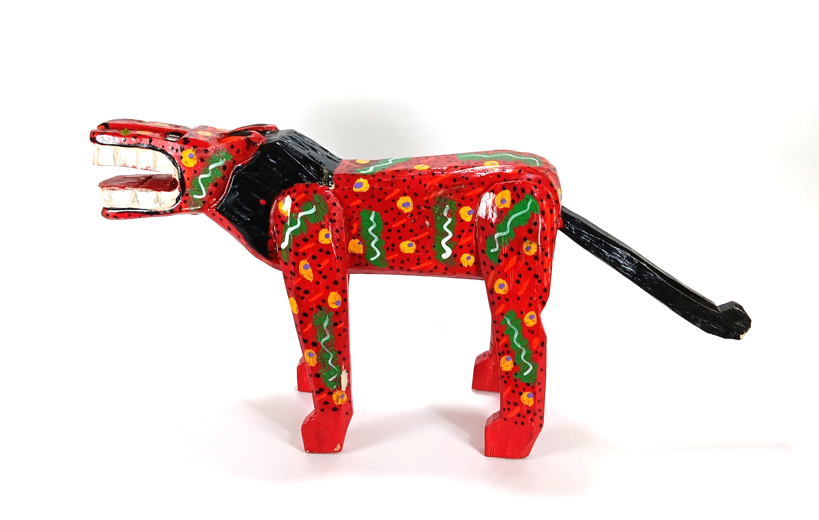Wood Carved Lion Alebrijes Guatemalan Painted Red Folk Art Abstract 8″ x 17″
