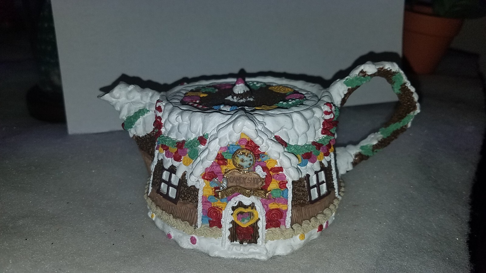 Adorable Decorative “Candy Shop” Teapot Shaped Lidded Trinket Box