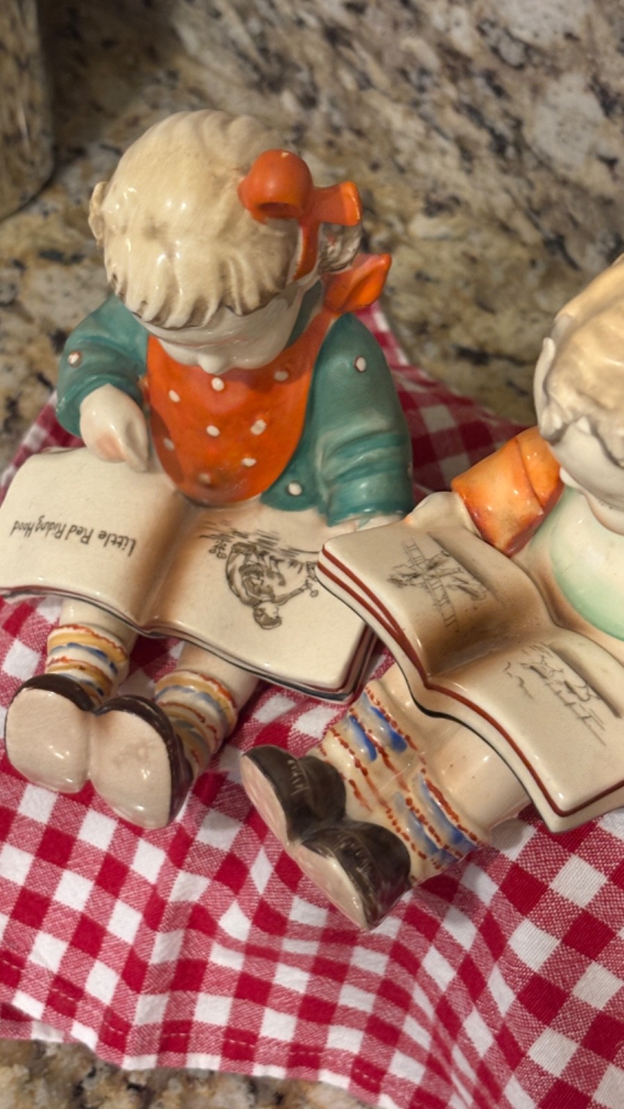 Vintage Ceramic Storybook Children Figurines Pair Little Red Riding Hood Reader