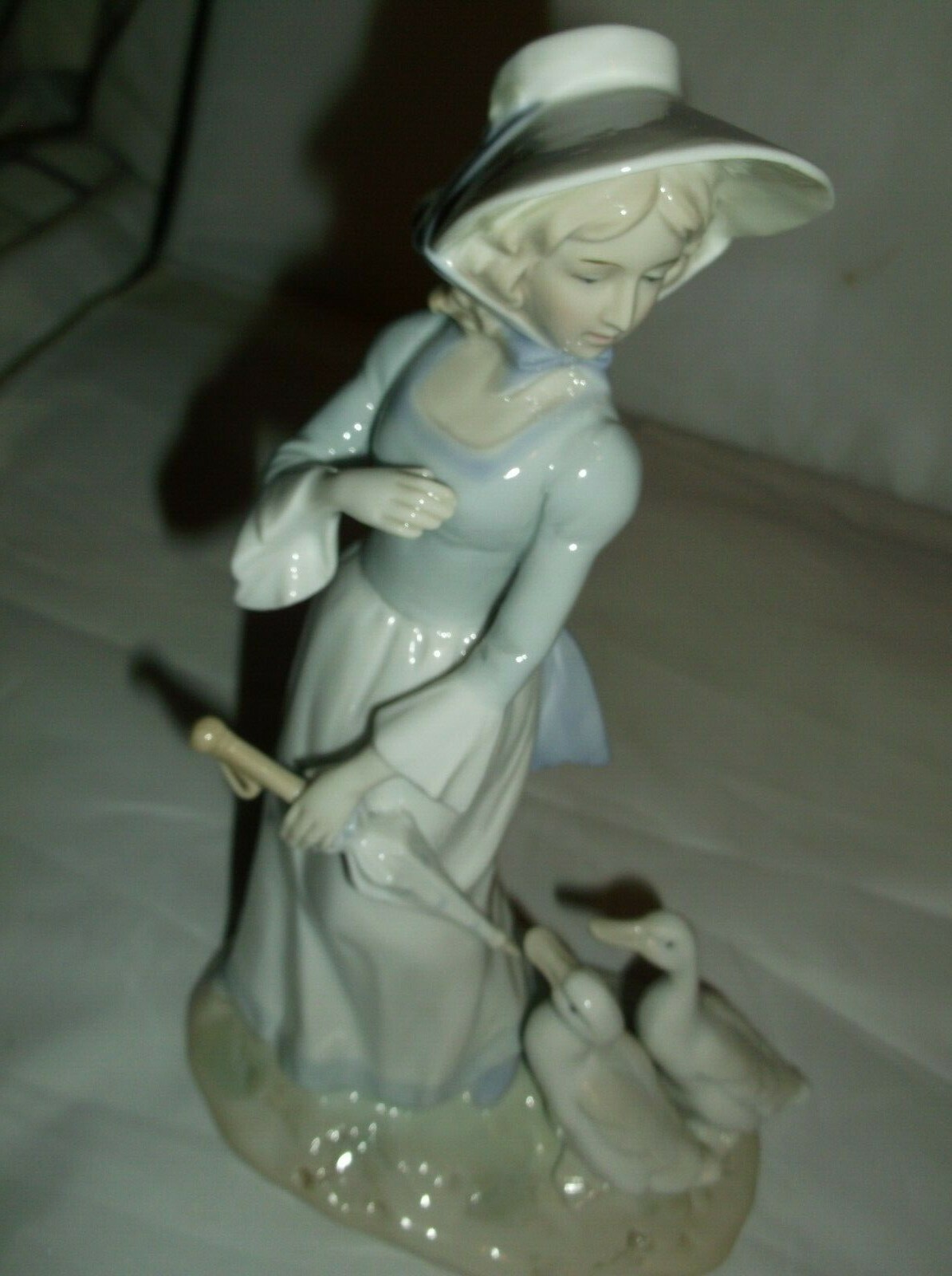 KPM Porcelain Figurine Girl w/umbrella 2 white geese 8 1/2x5x3″ VGC