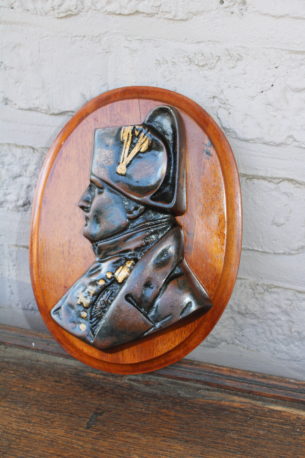 Antique wood wall plaque cast iron portrait napoleon
