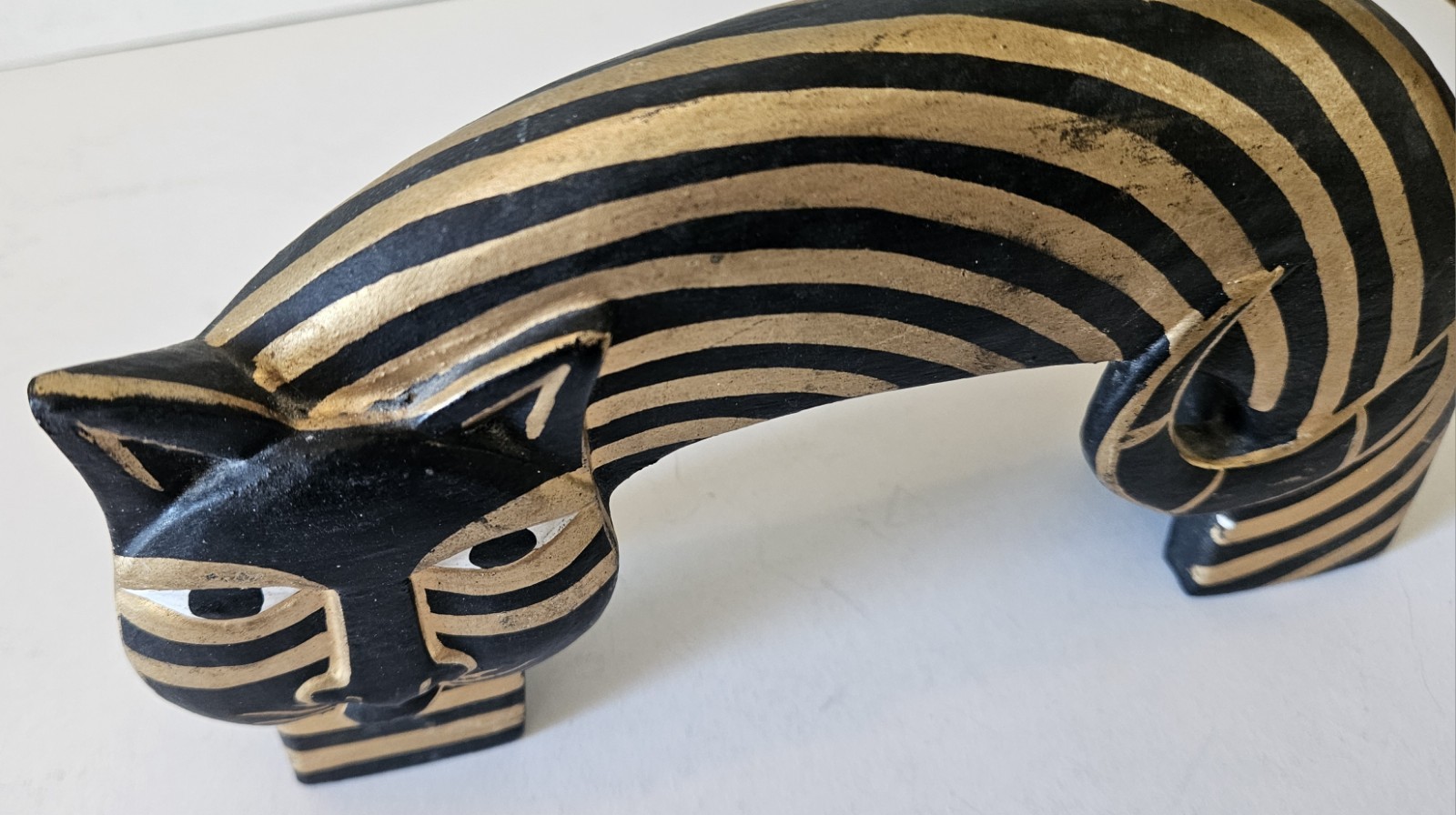 Carved Wood Cat Laurel Burch Style Hand Painted Cat Sculpture. Black & Gold. VTG