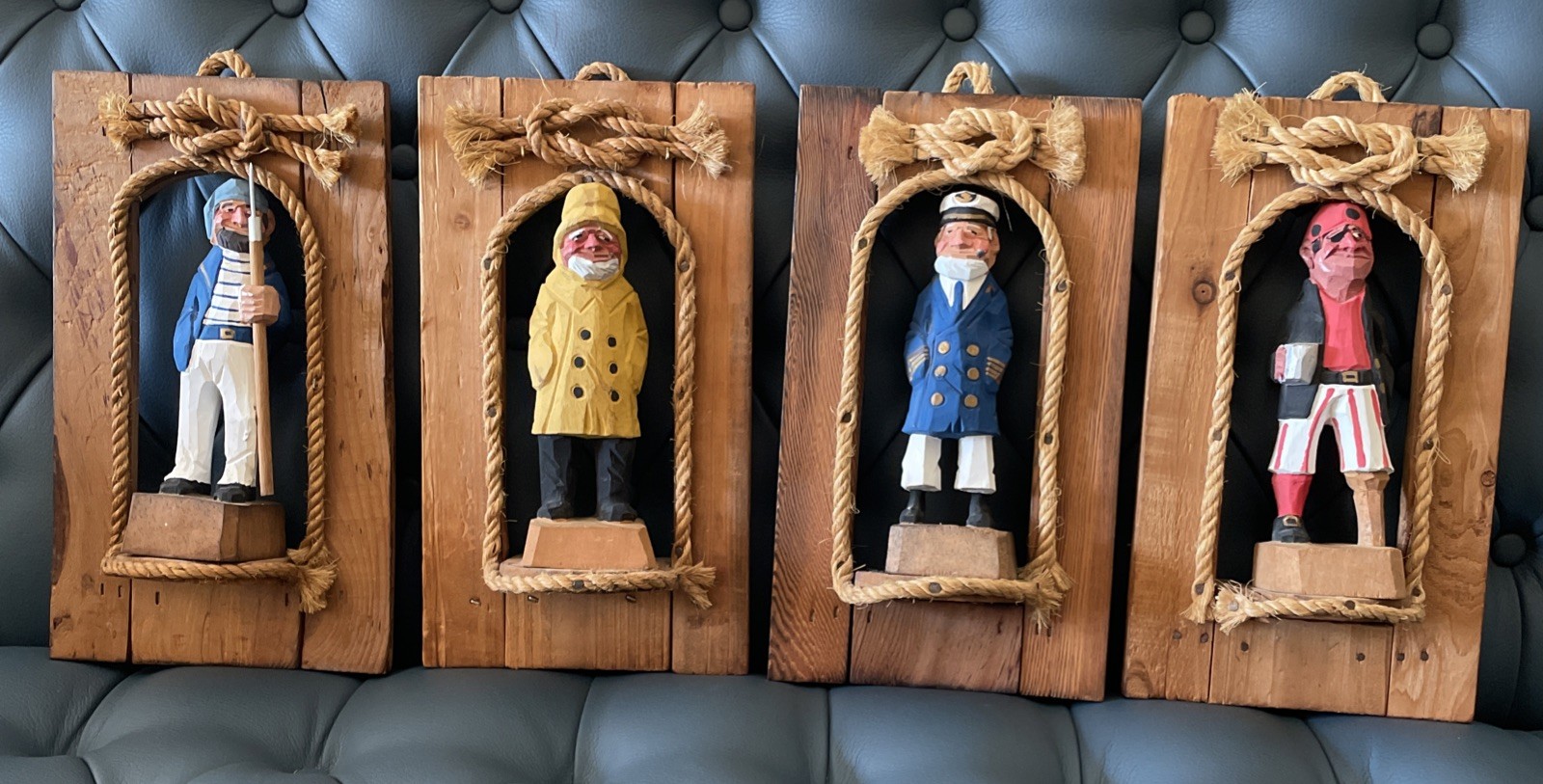 Vintage Handcarved Wooden Seamen in Nautical-Themed Frames for Wall Decor