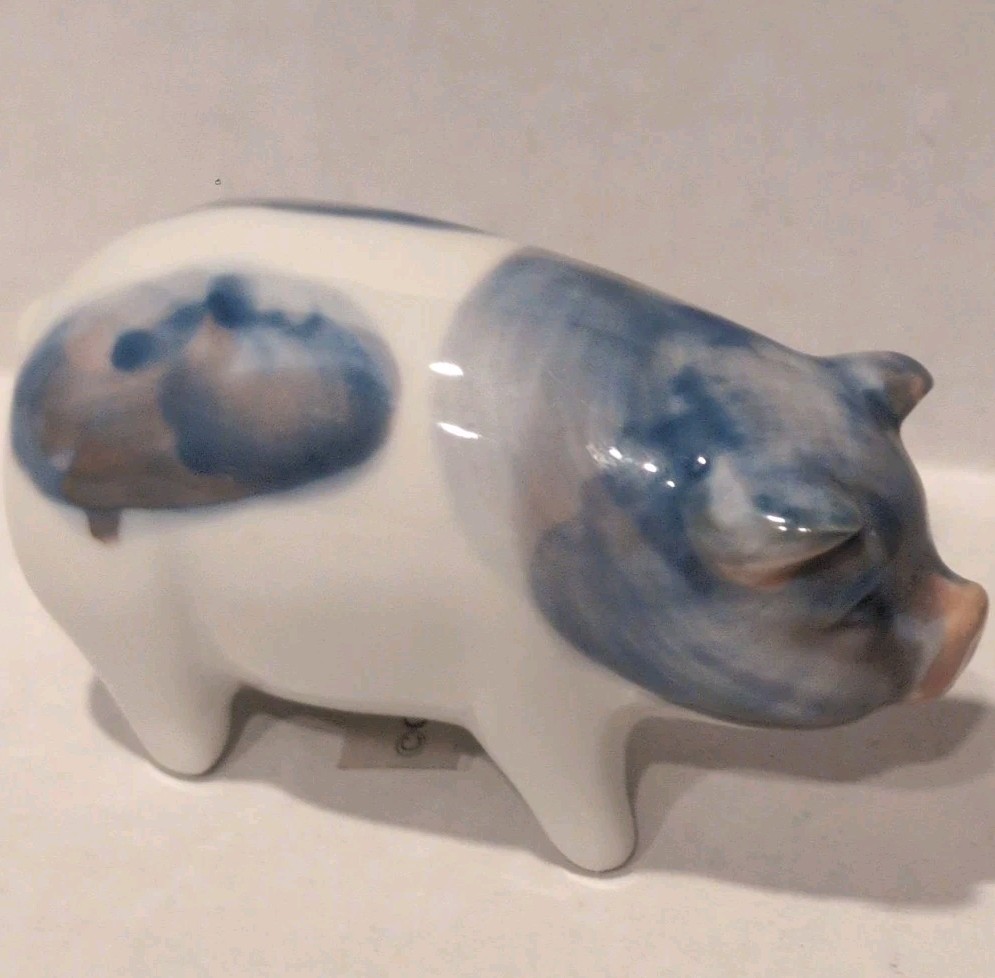 Otagiri Japan Miniature Pig Piglet Figurines Blue White Porcelain Small Set Of 2