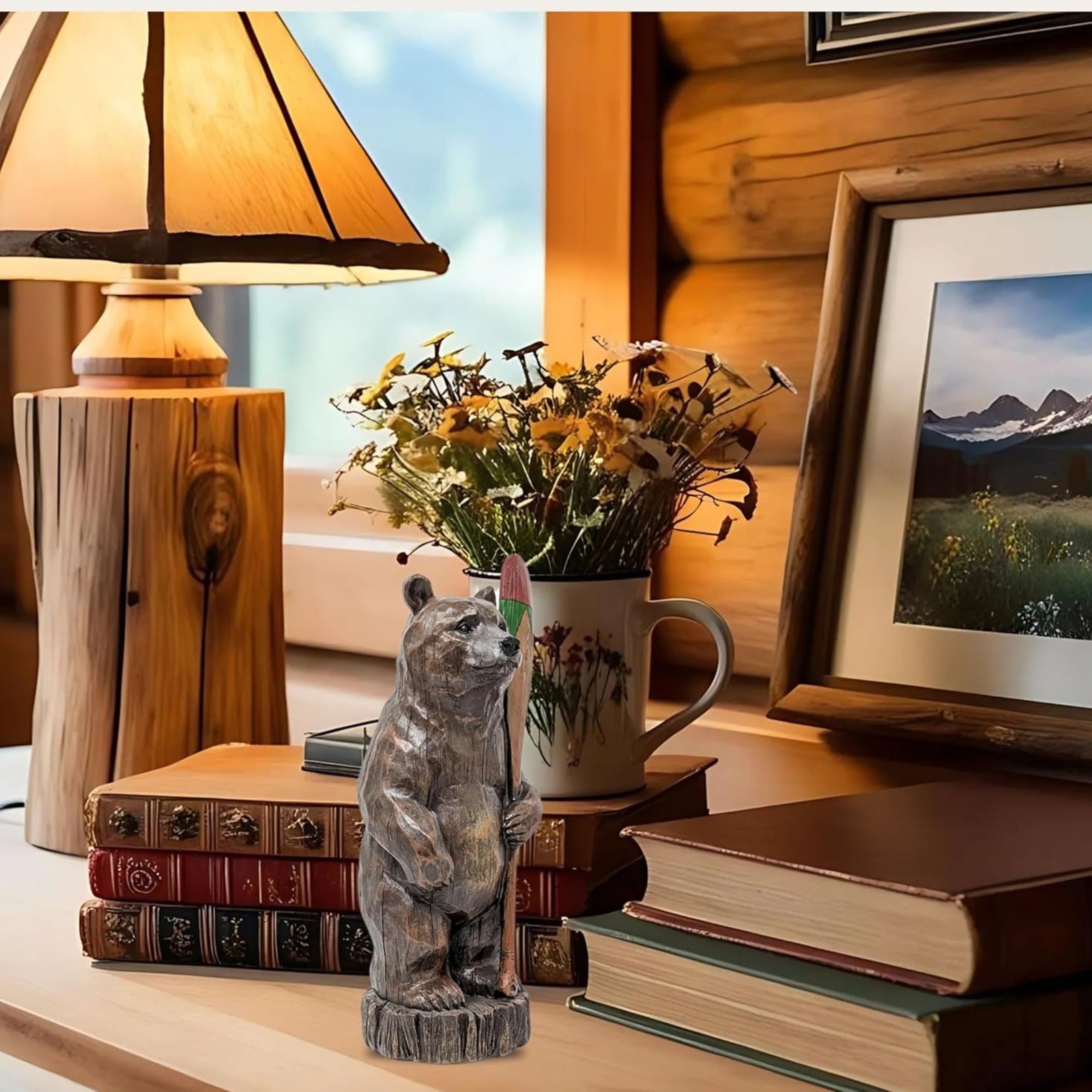 Standing Bear with Paddle Figurine – Statue for Cabin or Lake House Décor