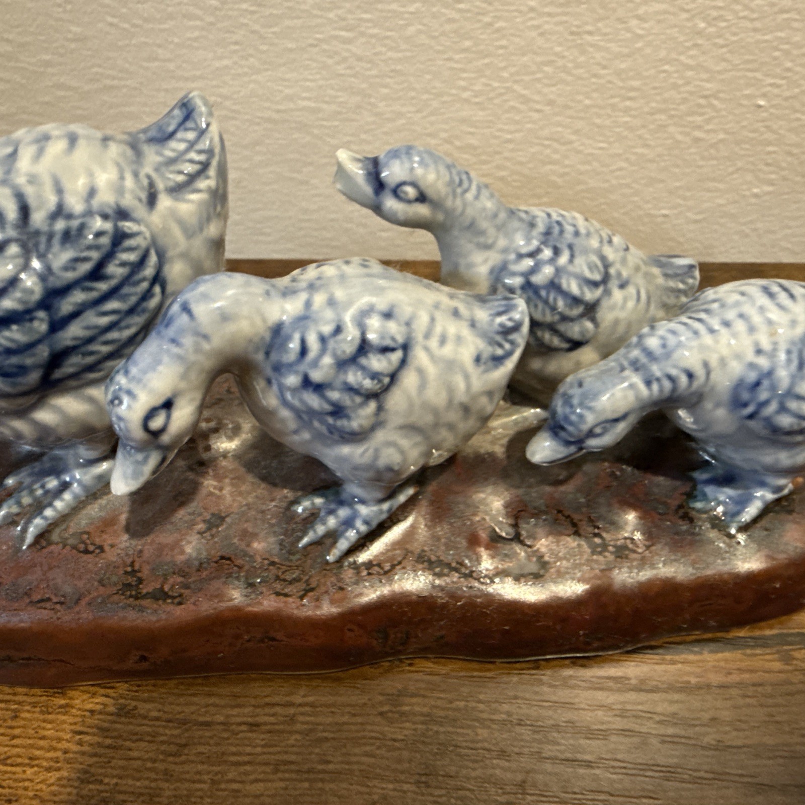 Vintage Chinese delft porcelain Figurine Woman Feeding Ducks Chinoiserie Art