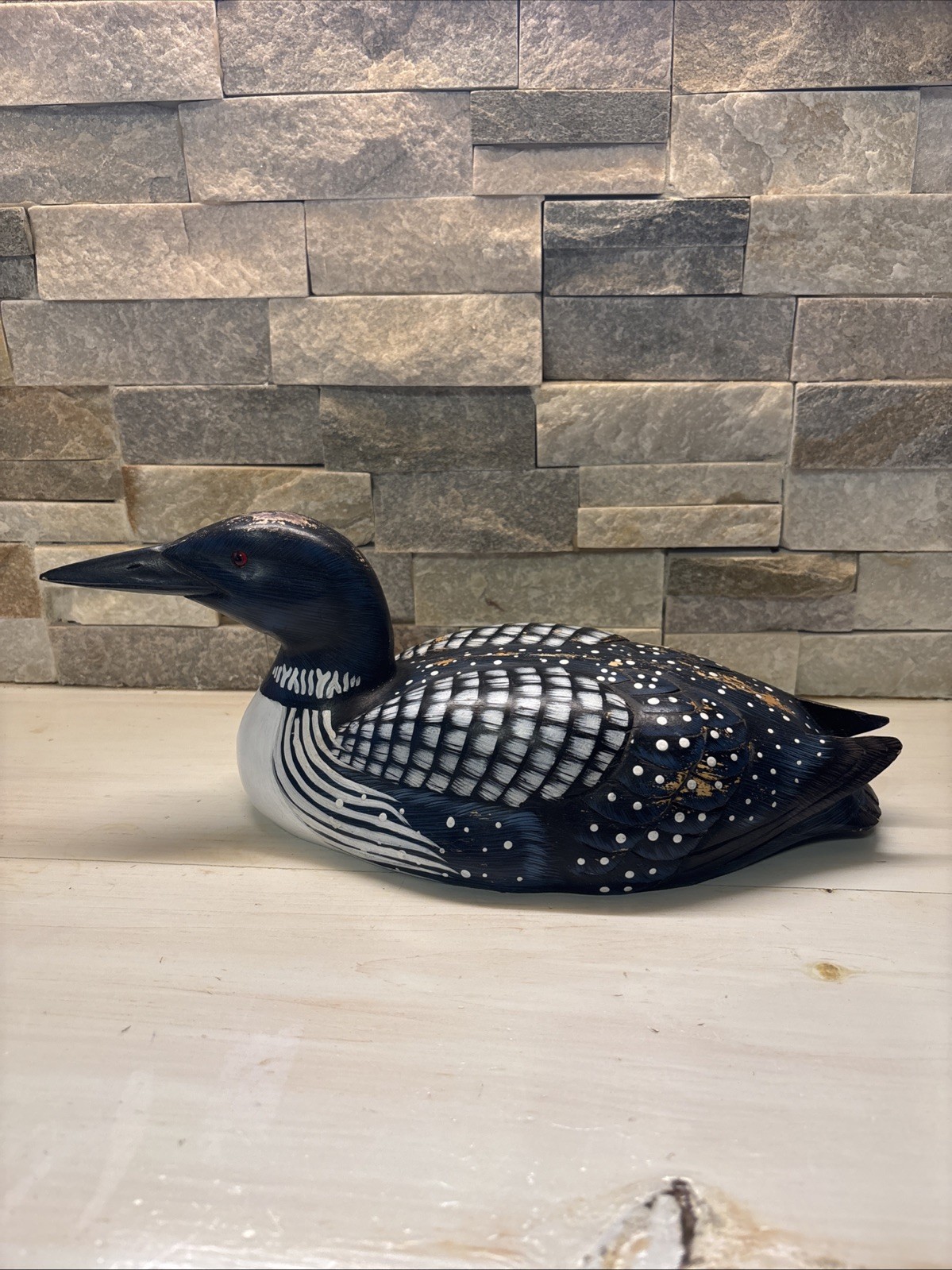 Rare Vintage Folk Artist L. CHEN. Hand Carved Large Black Loon Signed Dated.