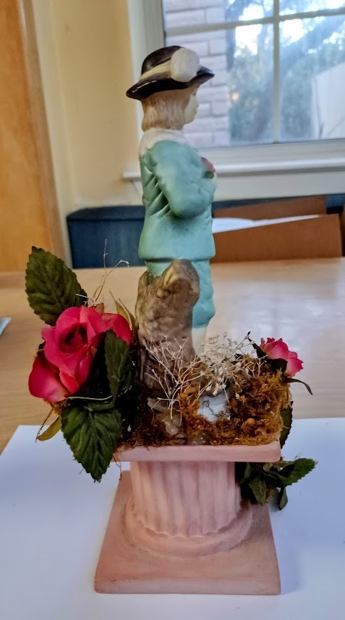 Vintage Bisque Colonial Man Holding Flower Standing on Floral Pedestal