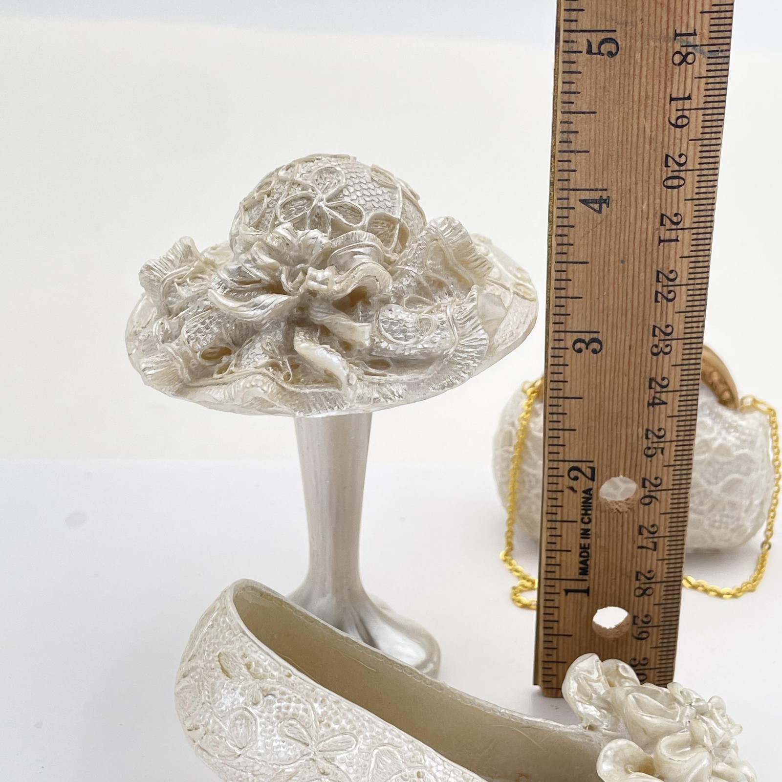 Wedding Lace Shoe Purse Hat Figurine 3 Piece White Resin Bridal Decor Set Gift