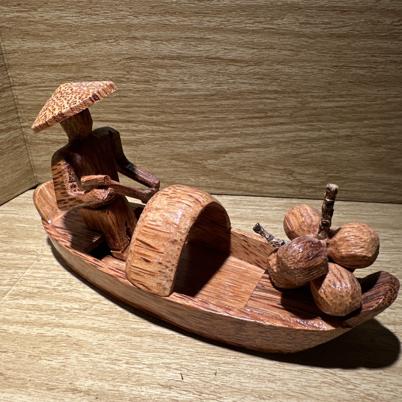 Carved Man Rowing In Wood Boat With Oar – Coconuts On Front Souvenir. Figural
