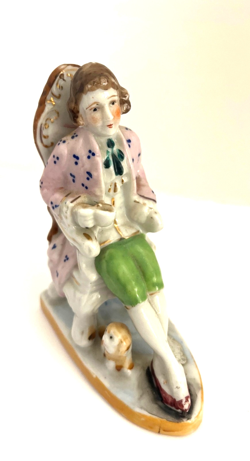 Vintage Porcelain Figurine Man in Chair with Dog Hand Painted 5 1/2”
