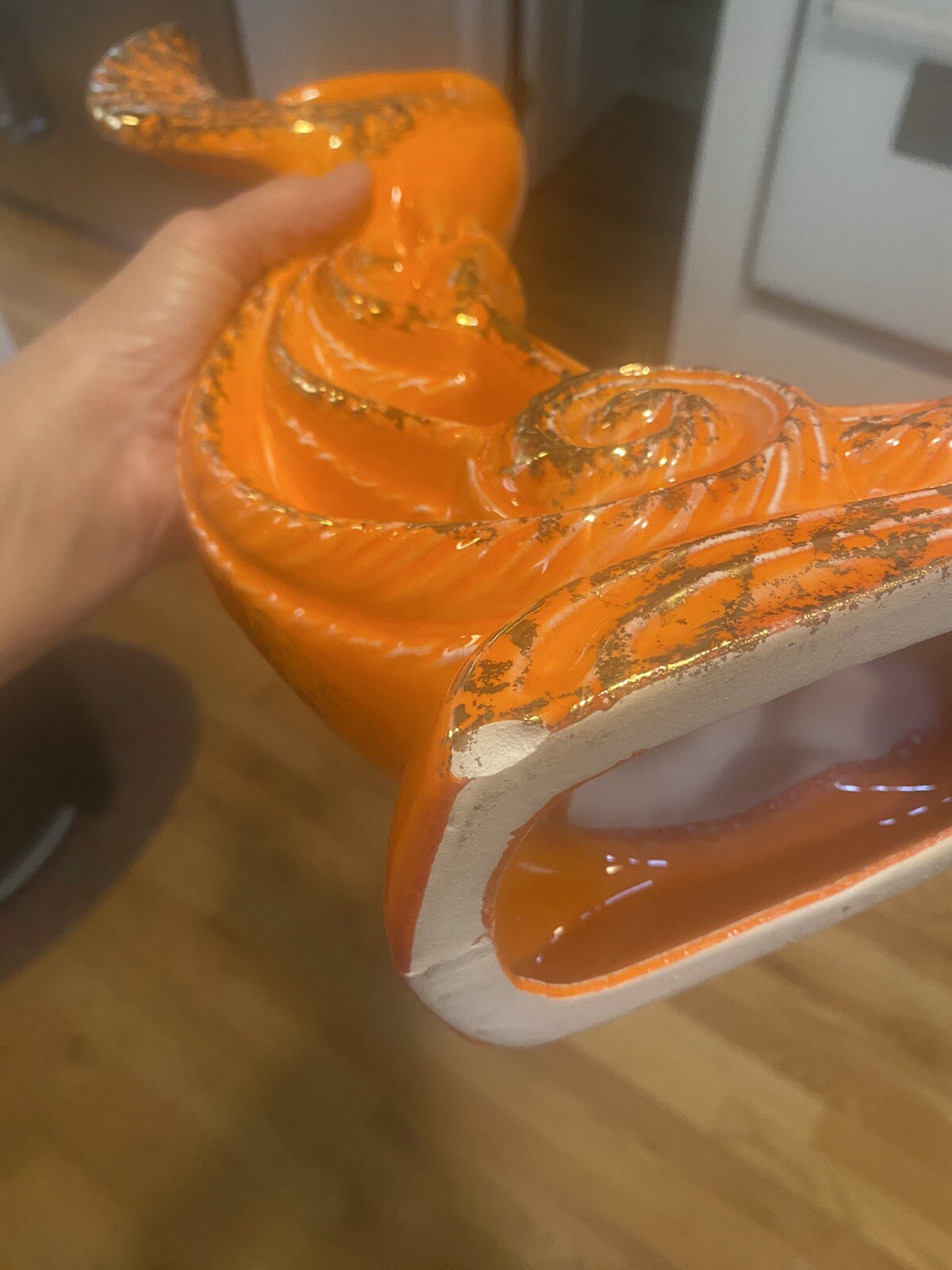 LARGE Vintage Mid Century Modern Orange Gold Ceramic Peacock Statue & Dish CALIF