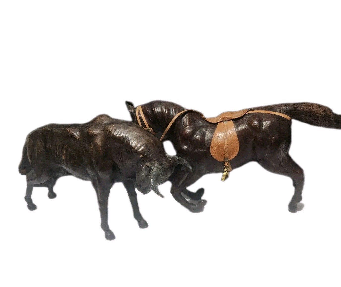 2 Vtg Leather Wrapped Bull & Horse Figures Glass Eyes 15 X 9 Southwest Spanish