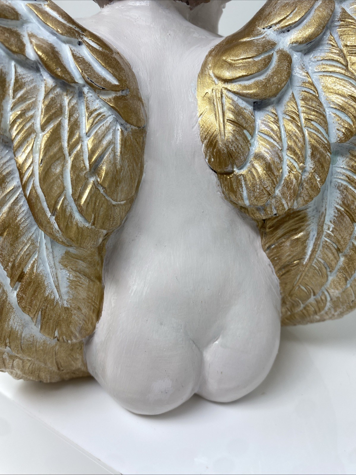 VTG Winged Cherub Angel Sitting Hand painted Gold/ White 10” H