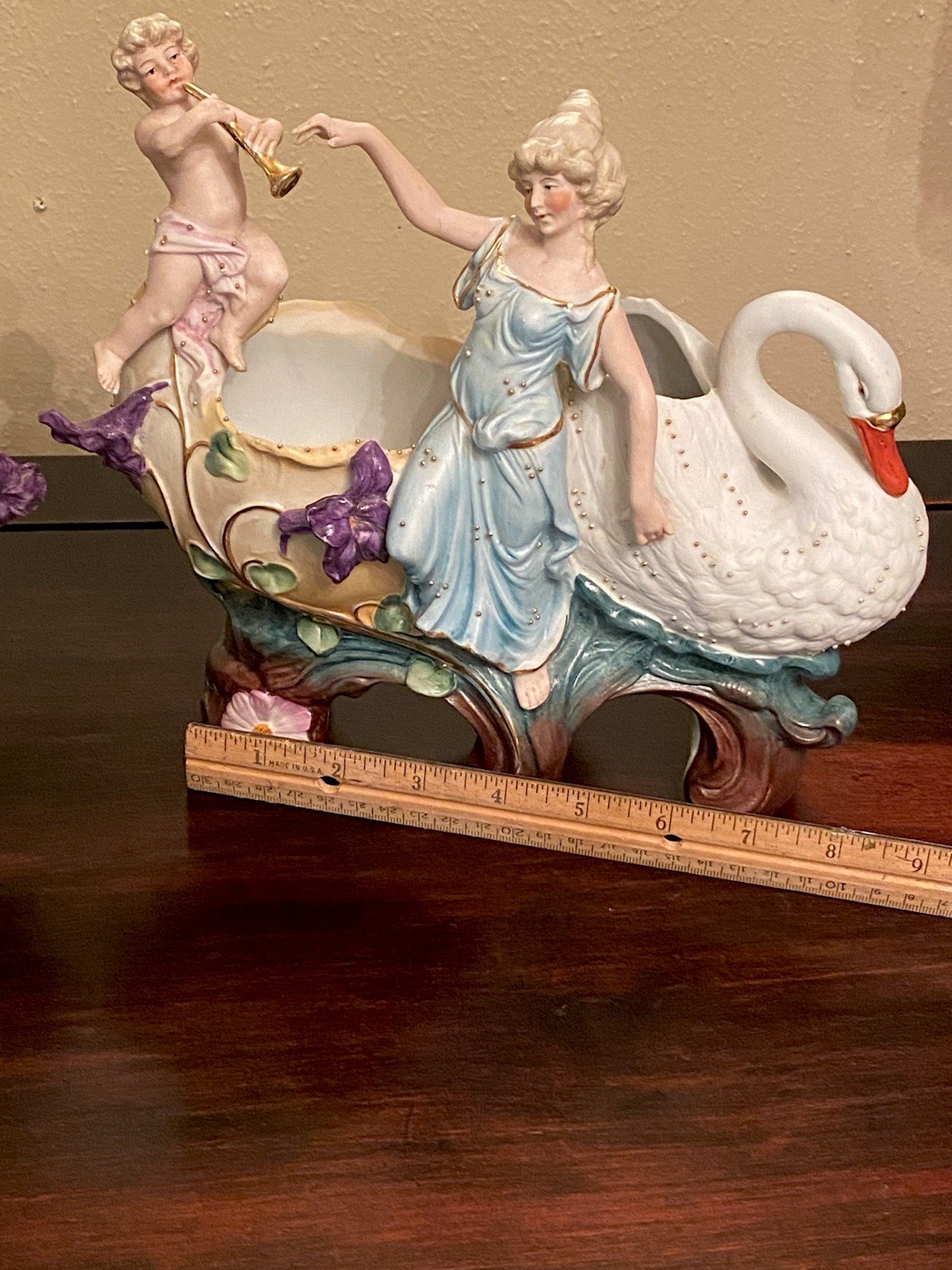2 German Vintage Bisque Cherub Swan Lady Porcelain Planters 2373 Antique