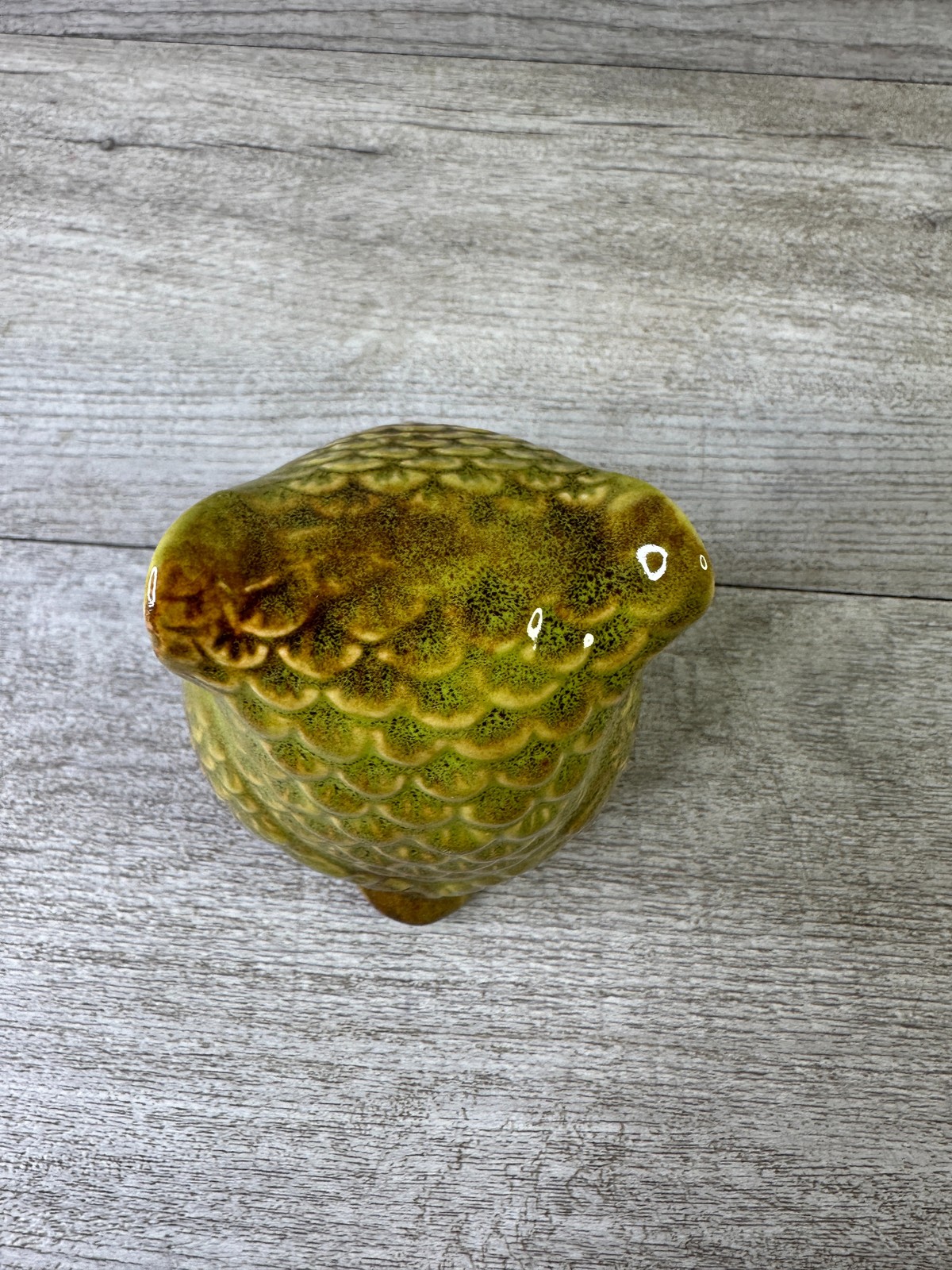 Vintage Ceramic Owl Figurine Green Brown Drip Glaze Mid Century Modern Decor
