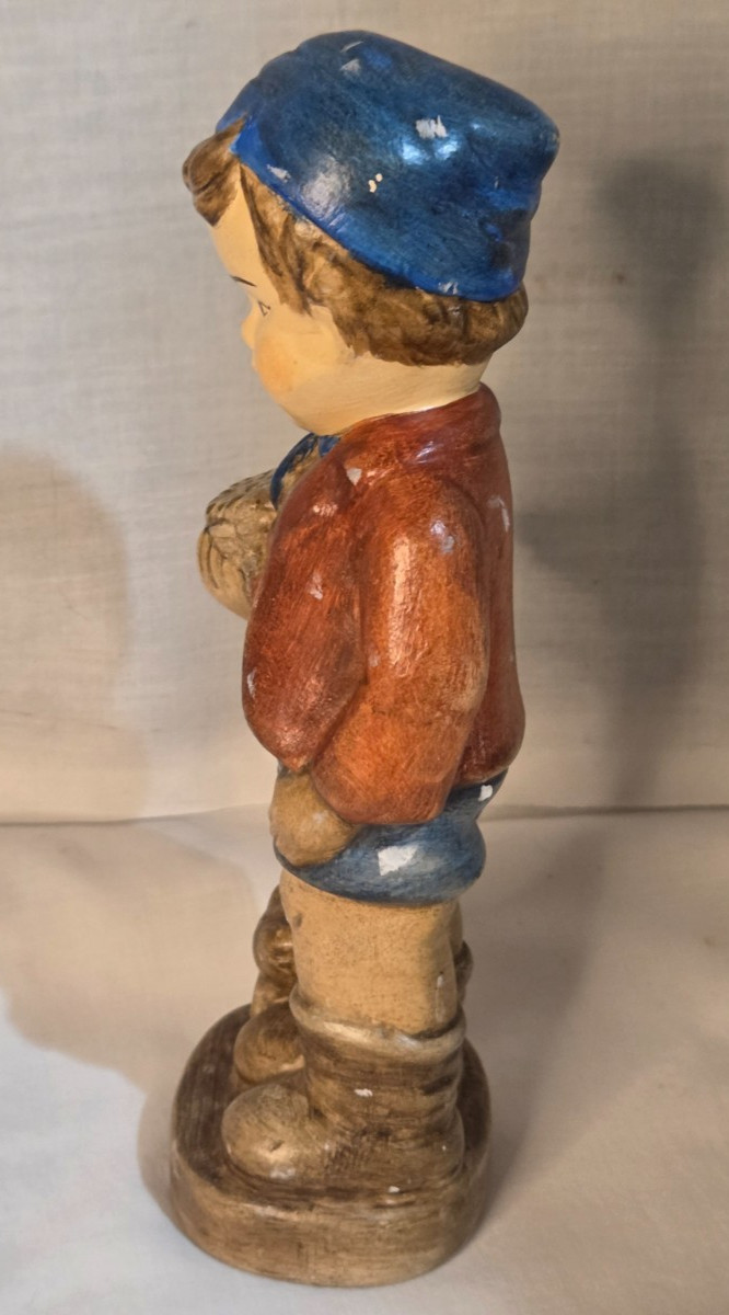 Vintage Chalkware Figurine Hand-Painted Farmers Boy with Pig Hummel Style 8″