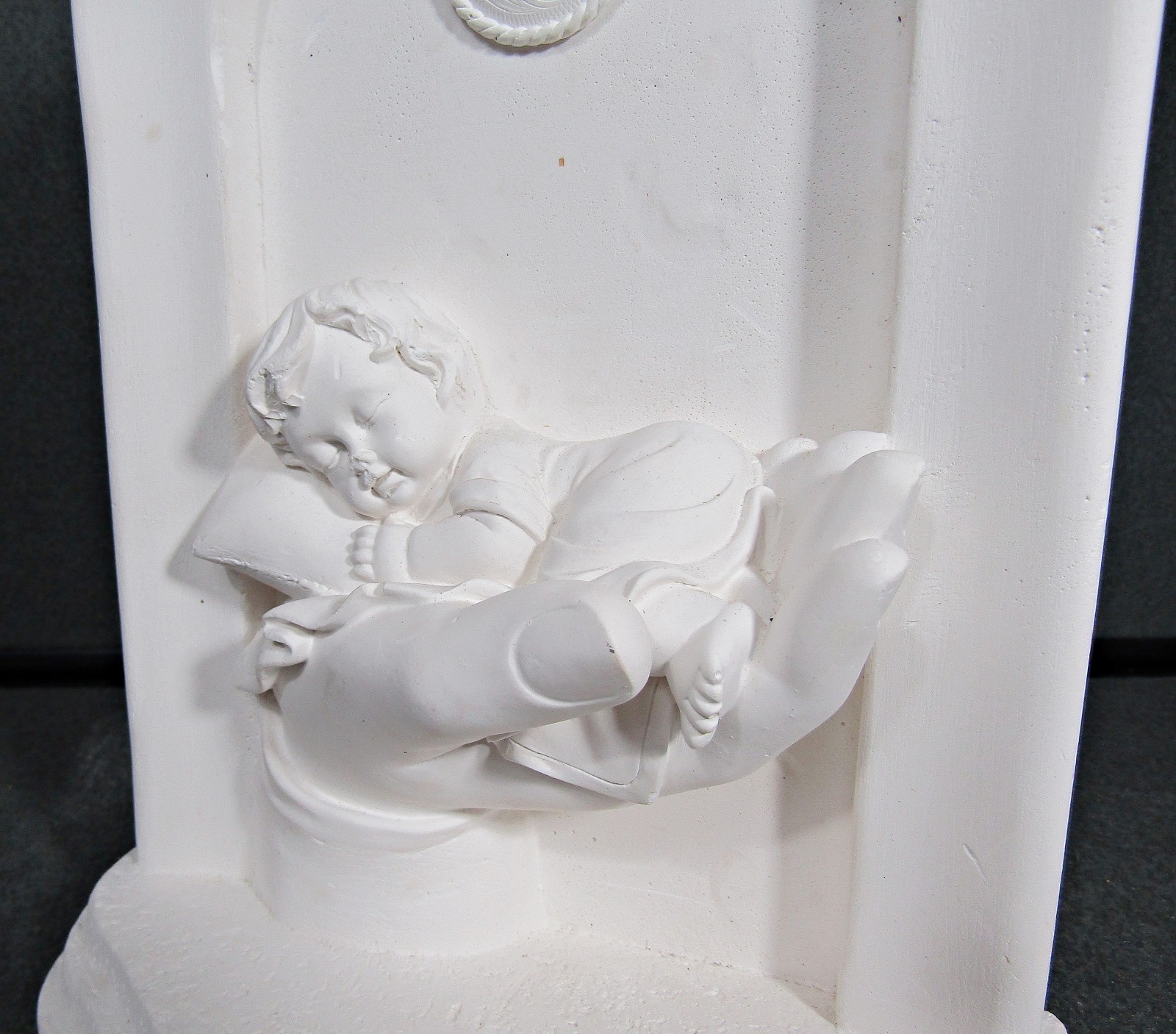 Sleeping Baby in Guardian Hand White Plaster Statue Freestanding 10”