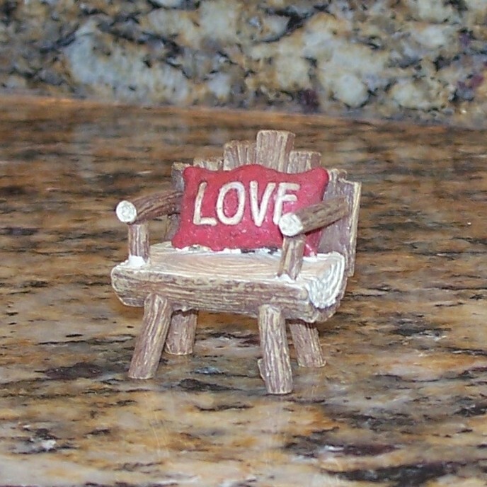 Miniature Wooden Log Bench w/ LOVE Pillow, Diorama or Christmas Village Figurine