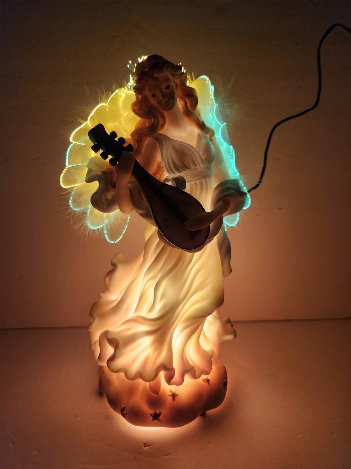 Vintage Fiber Optic Angel Playing Mandolin Lighted Works Resin Spiritual