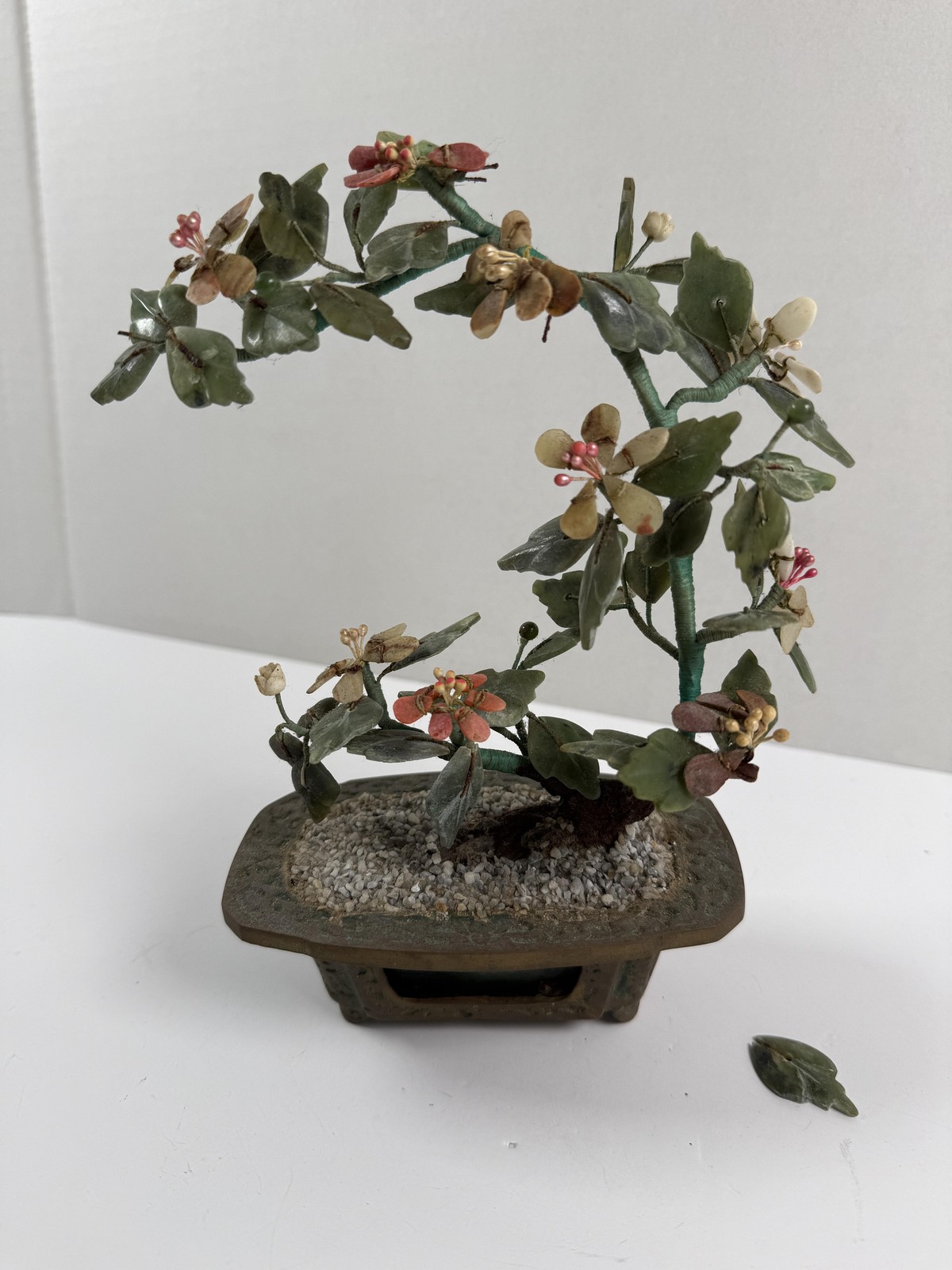 Vintage Stone Bonsai Tree Sculpture Brass Planter Green Floral