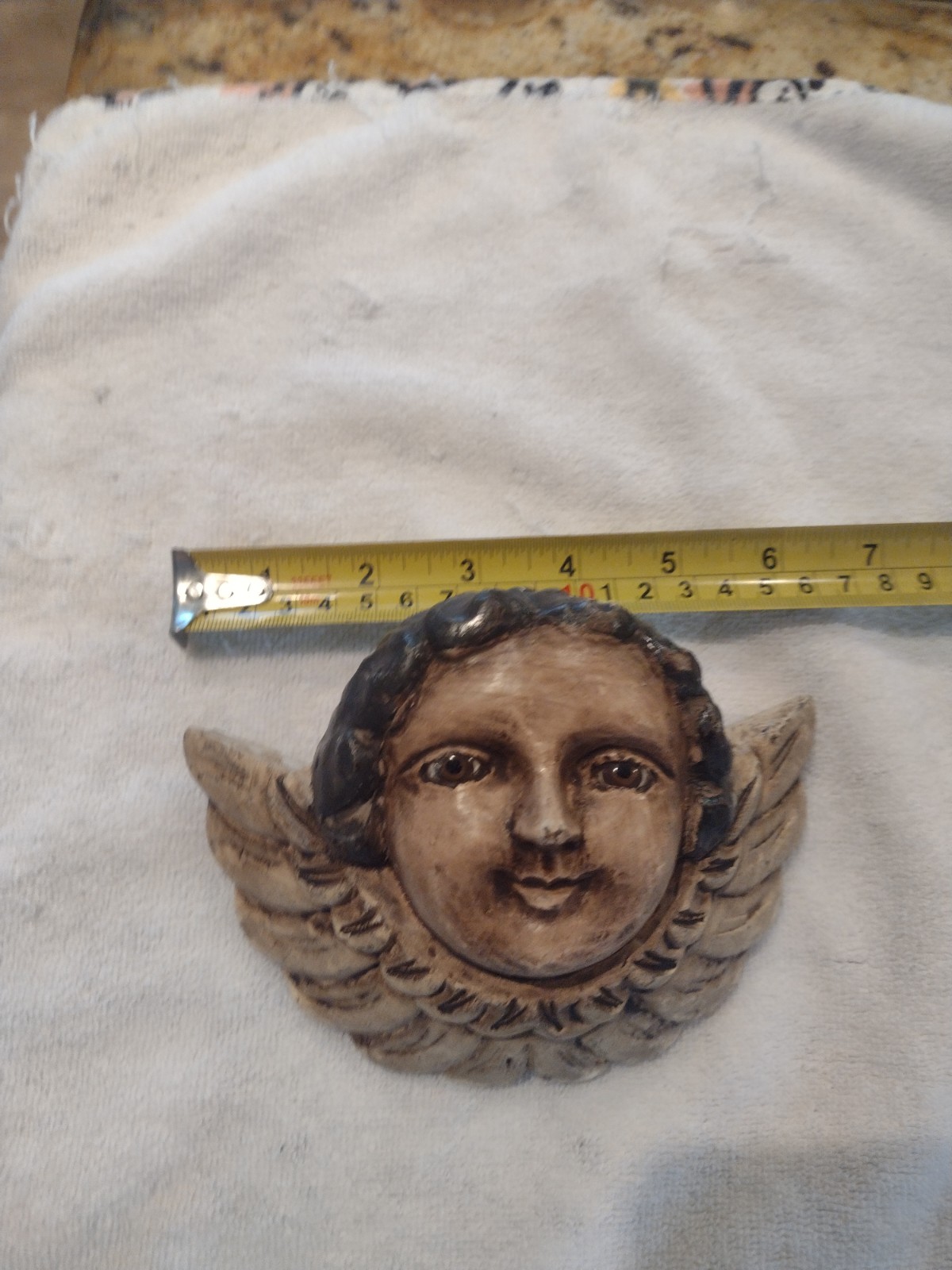 Antique Carved Wood Polychrome Putto Putti Angel Head with Glass Eyes READ