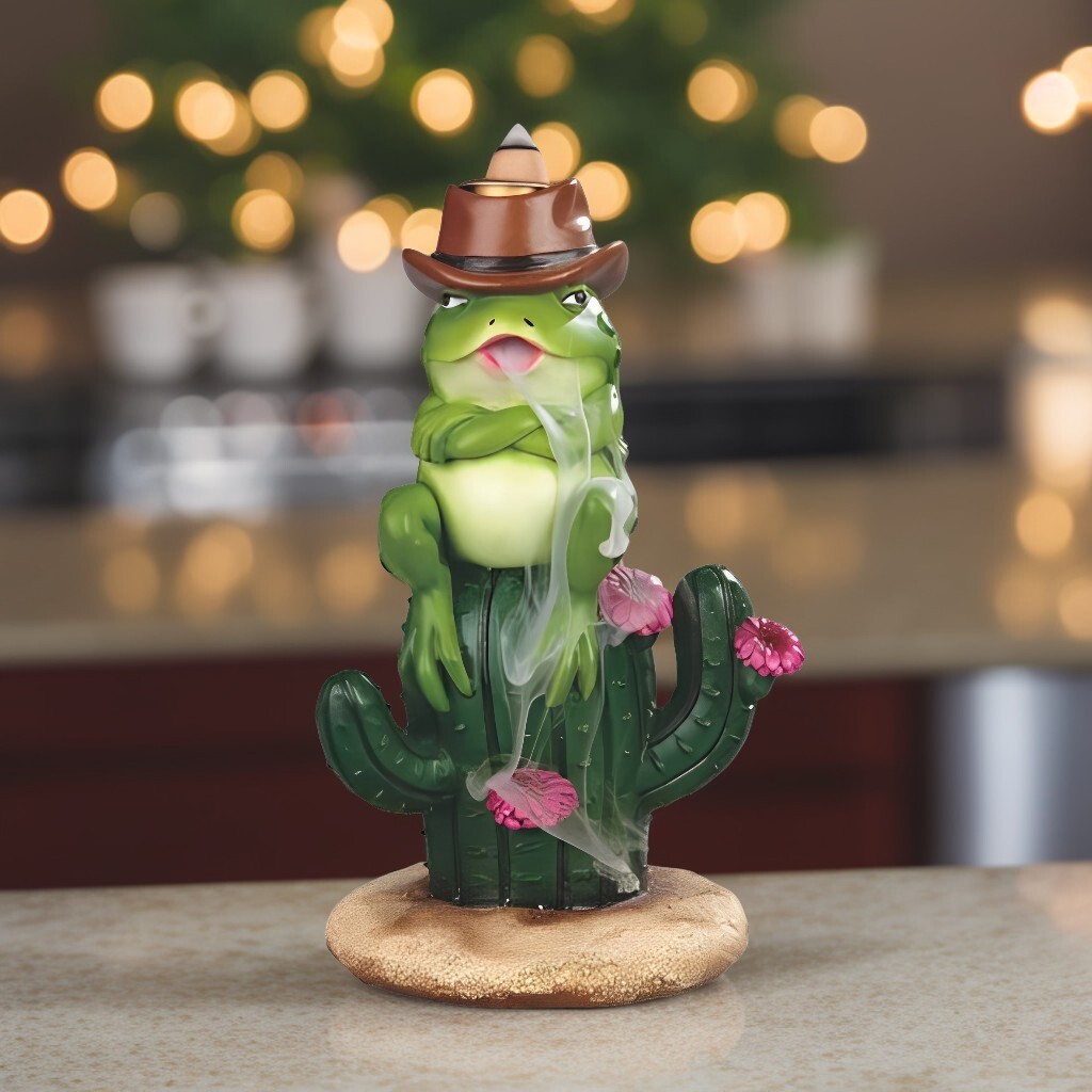 6.75″H Frog on Cactus Backflow Figurine Ornament Home Decor Unique Gift