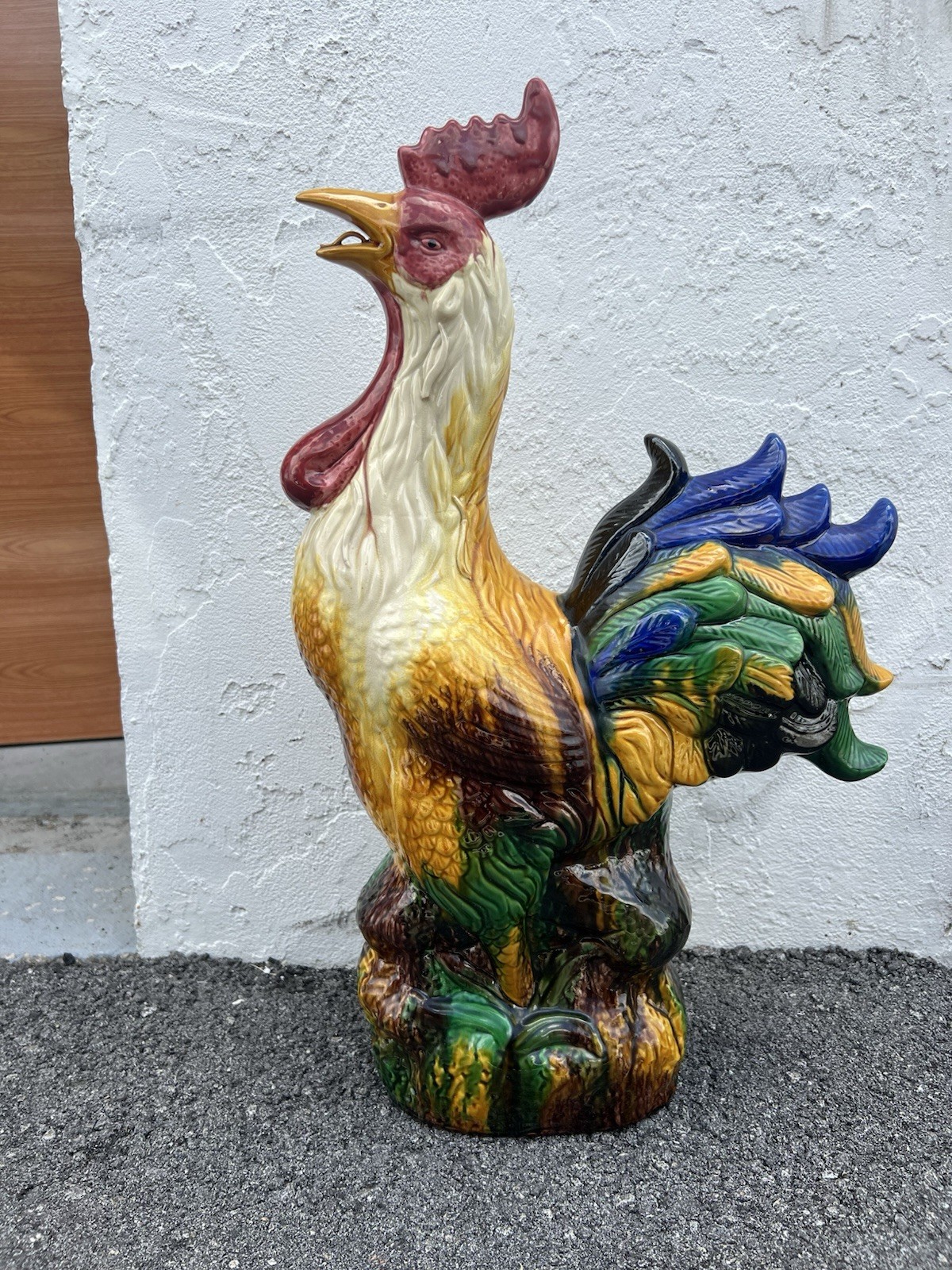 Vintage 12” Multi Color Ceramic Rooster Figurine with Classic Majolica Glaze