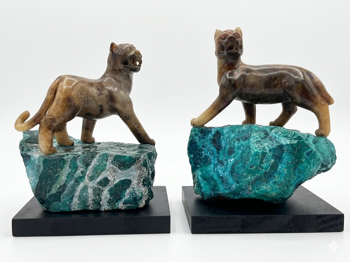 Early 20th Century Chinese Carved Marble Lions on the Faux Malachite Bases Pair
