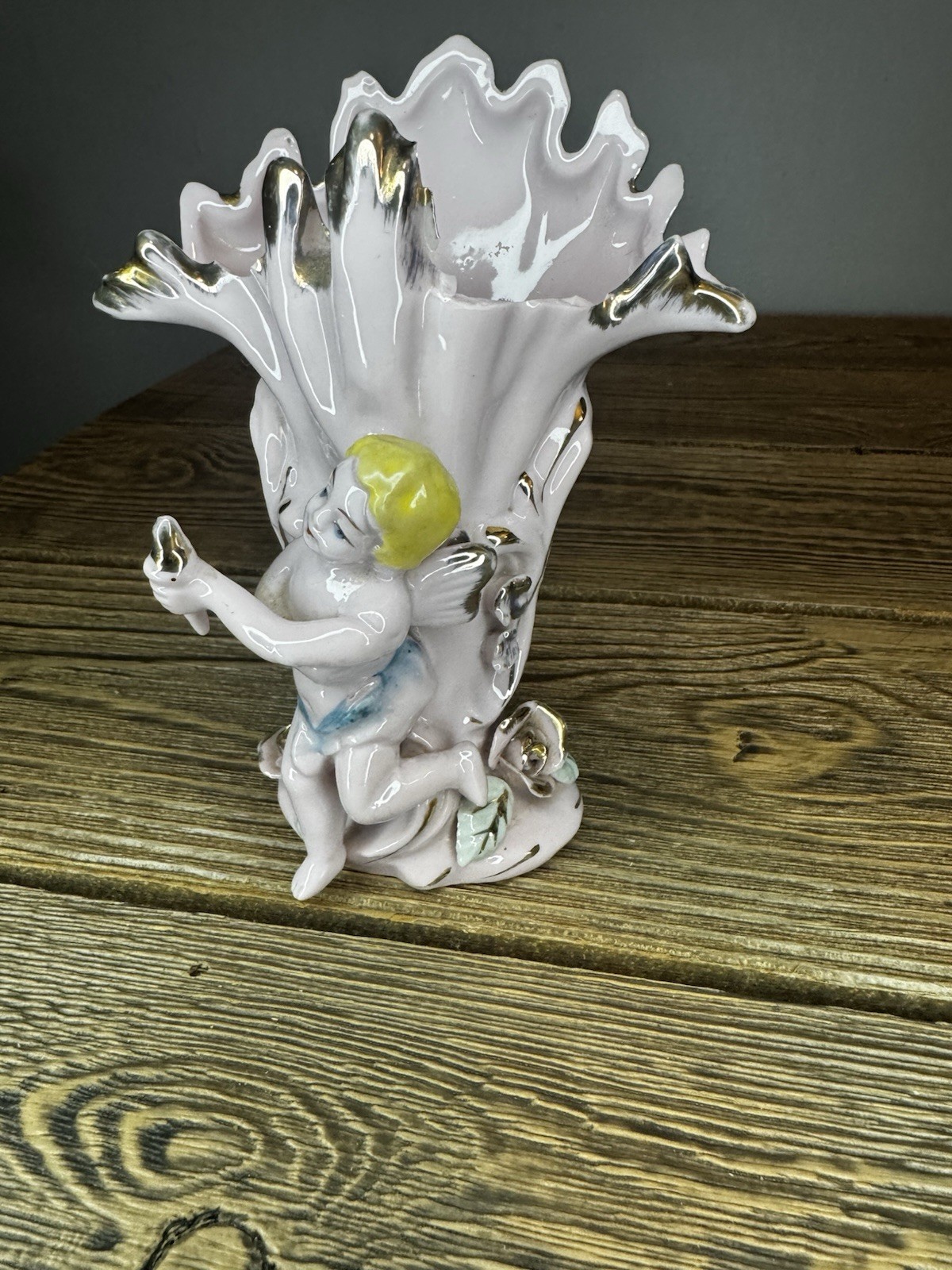 Vintage Porcelain Cherub Vase Ruffled Lustre Rim Silver Gold Angel Figurine