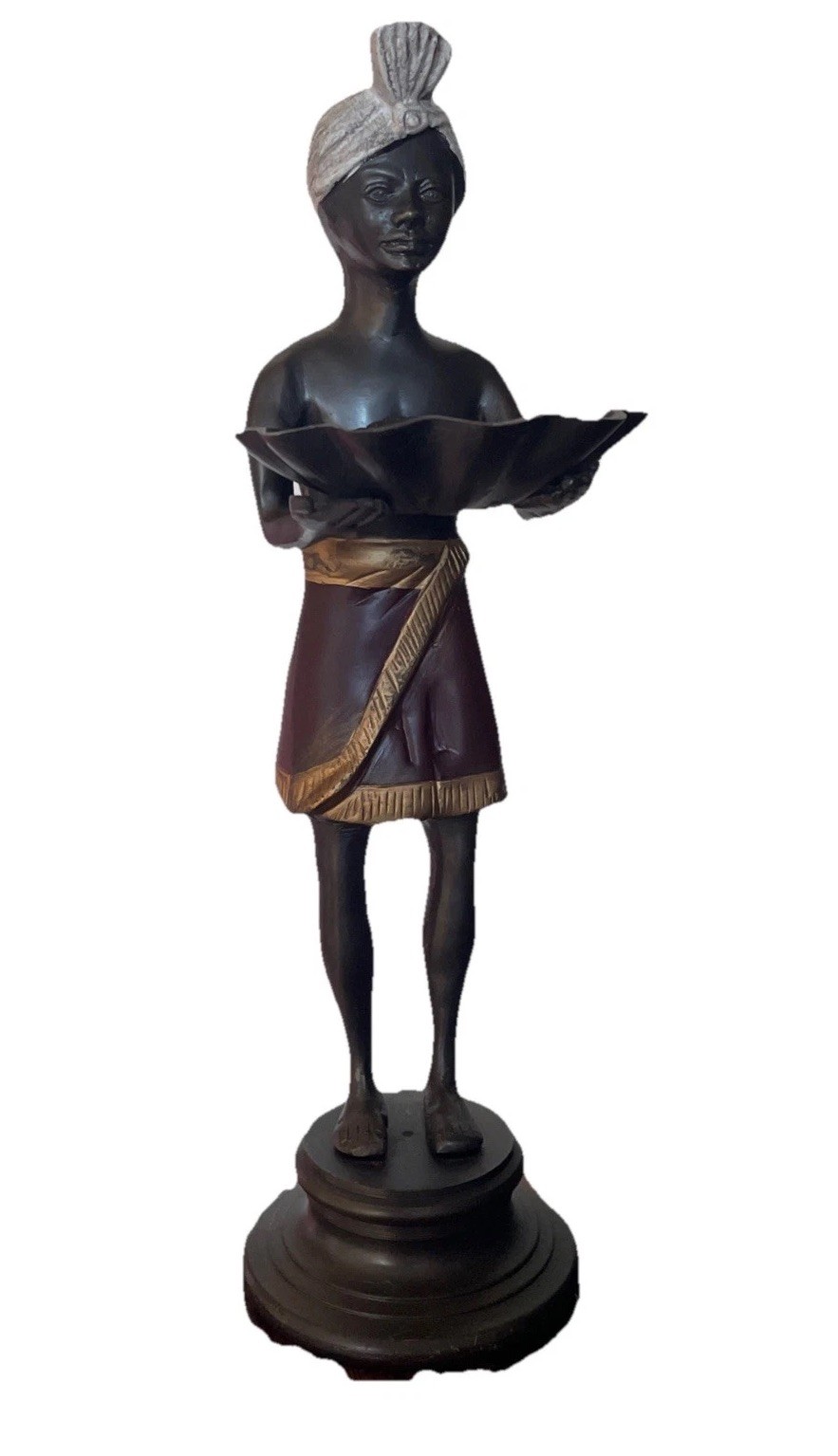 Vintage Bronze Blackamoor Man Holding Shell Cold Painted Figurine Key Holder￼