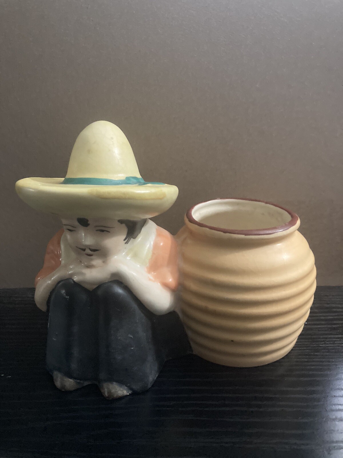 RARE Made In Occupied Japan Spanish Mexican Man w/Sombrero & Pot, Planter Holder