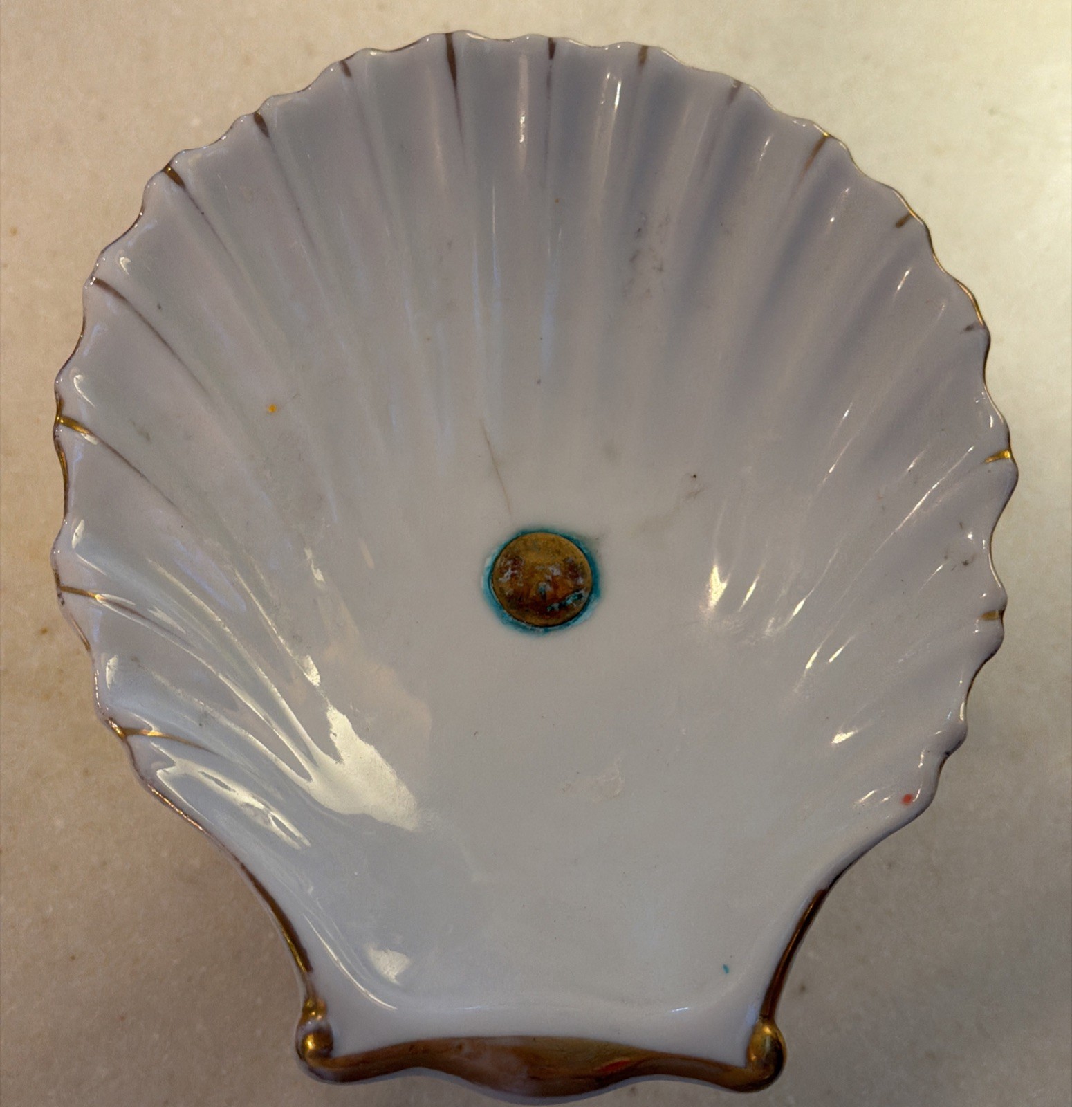 Vrg Brass Pedestal Ceramic Shell 6” Marble Hollywood Regency Soap Dish Trinket