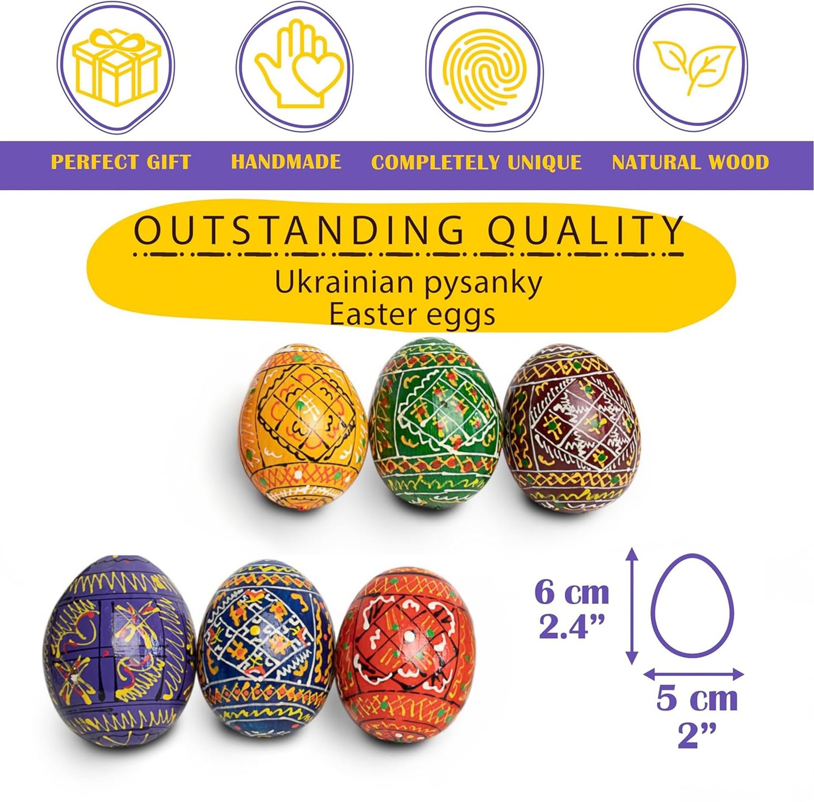 6 PCS Easter Eggs Decor 2.5 Inch Pysanky Hand Painted Wooden Ukrainian