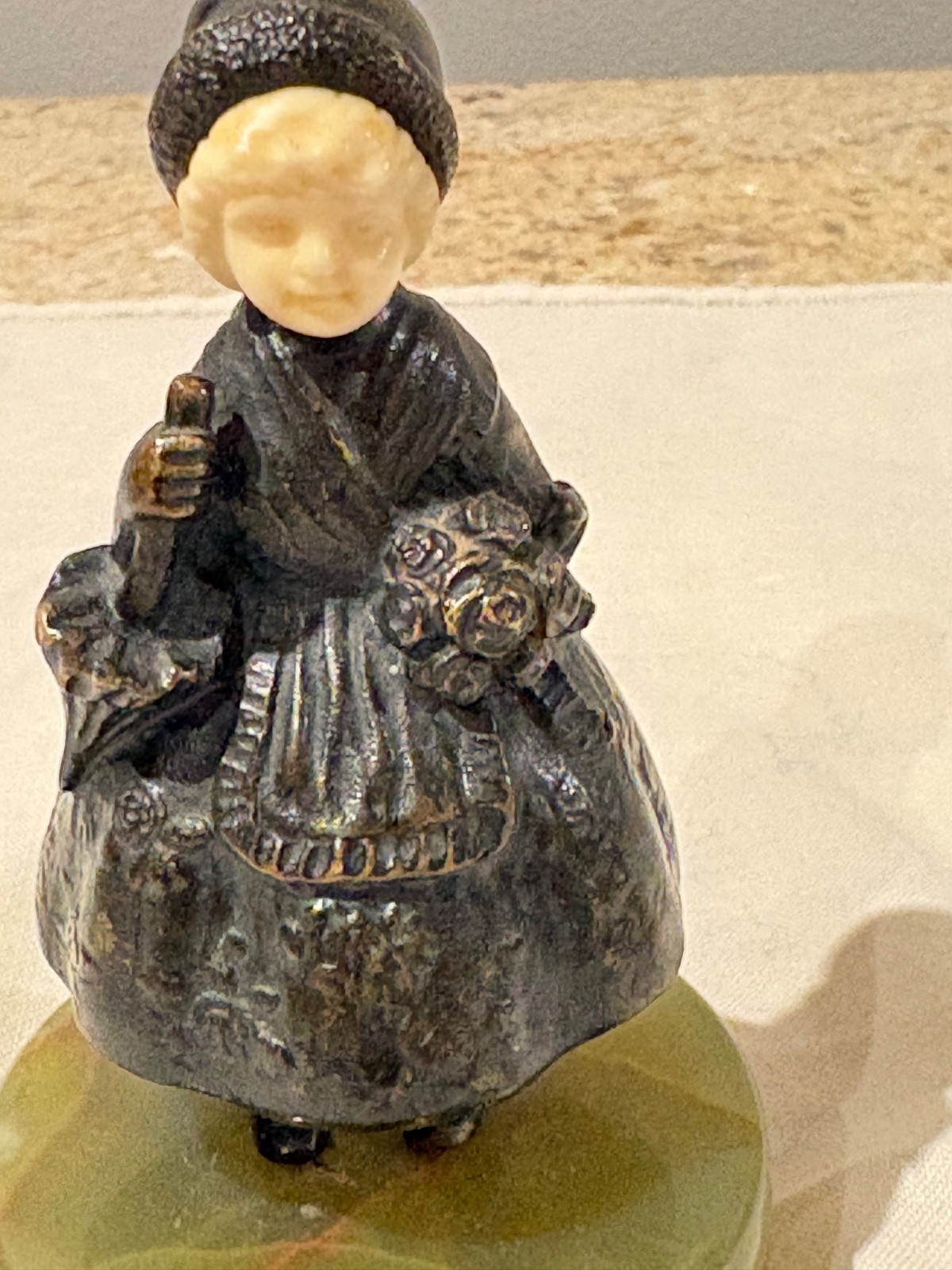 Vintage Dutch Girl Figurine Spelter Metal & Composition Face on Green Onyx Base
