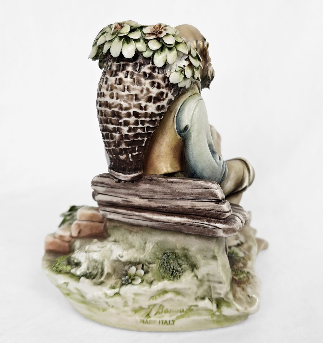 6″ Rare Vintage Borsato Seated Man w/ Flower Basket Figurine Italy c.1970s-1980s