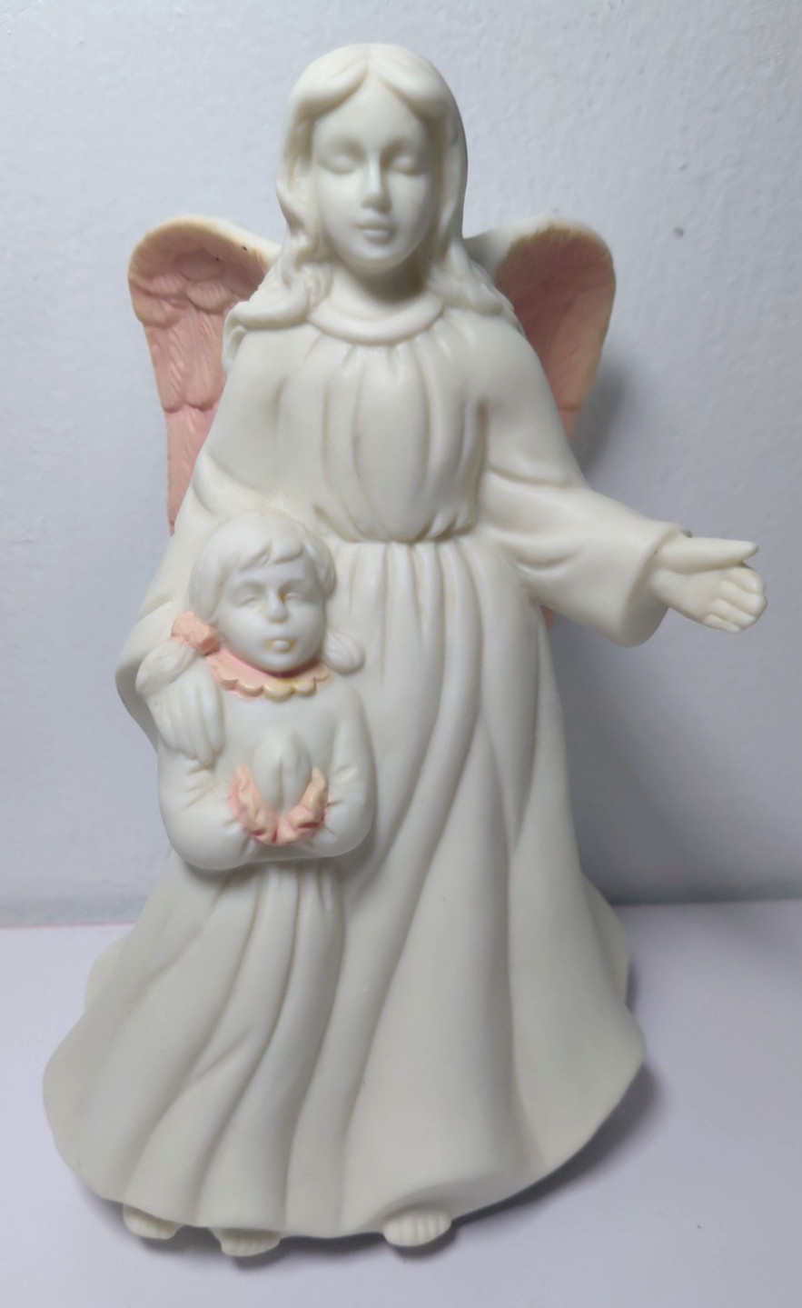 Ceramic Angel With Child White Pink Bisque Music Box Figure